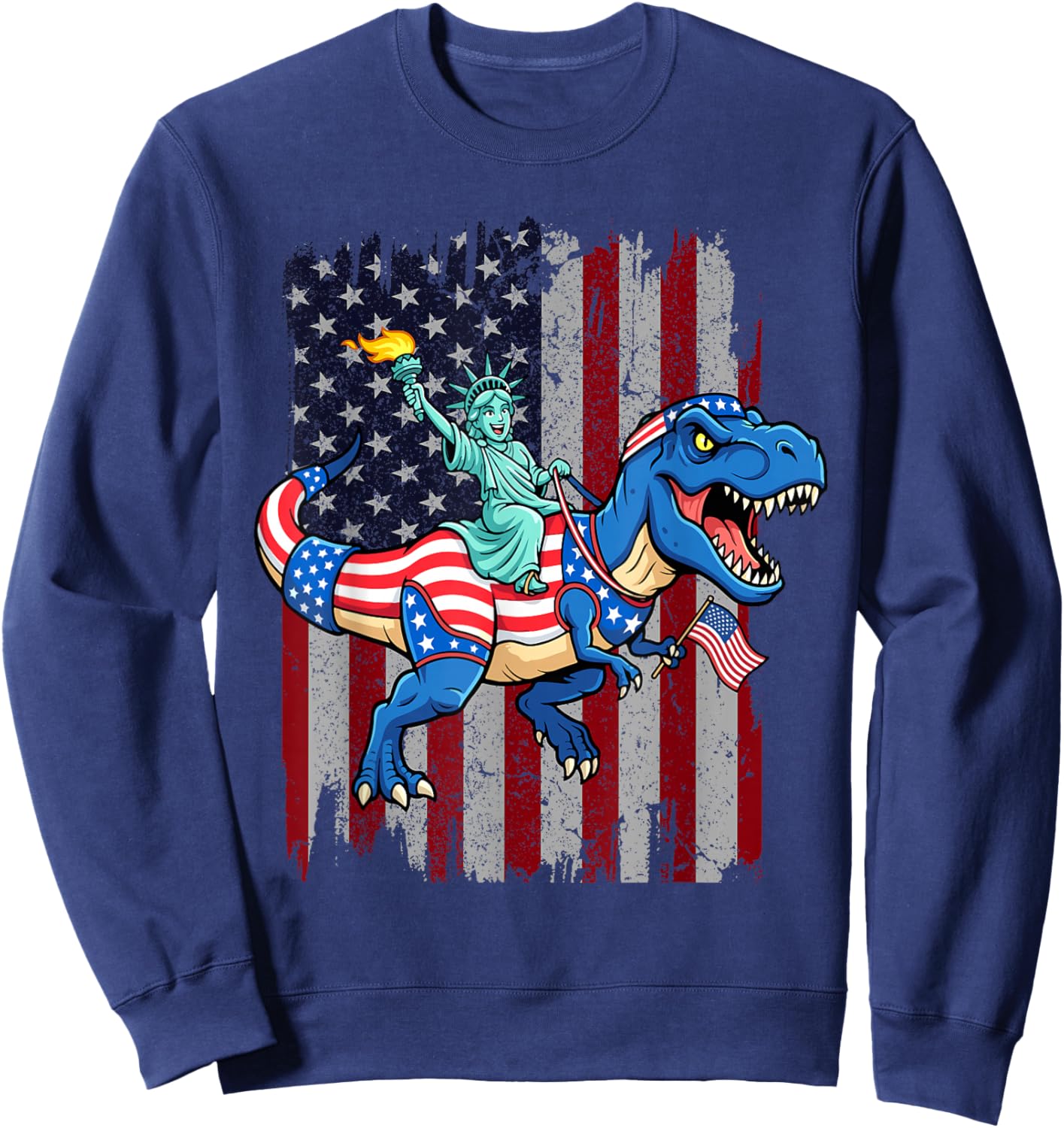 Dinosaur Statue of Liberty 4th of July American Flag Boys Sweatshirt - Sweatshirt | Navy