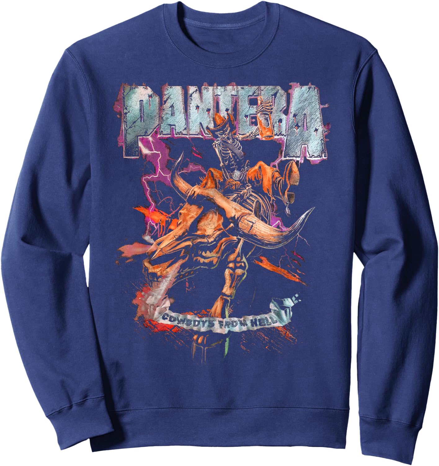 Pantera Official Cowboys From Hell Riding Skeleton Short Sleeve Sweatshirt - Sweatshirt | Navy