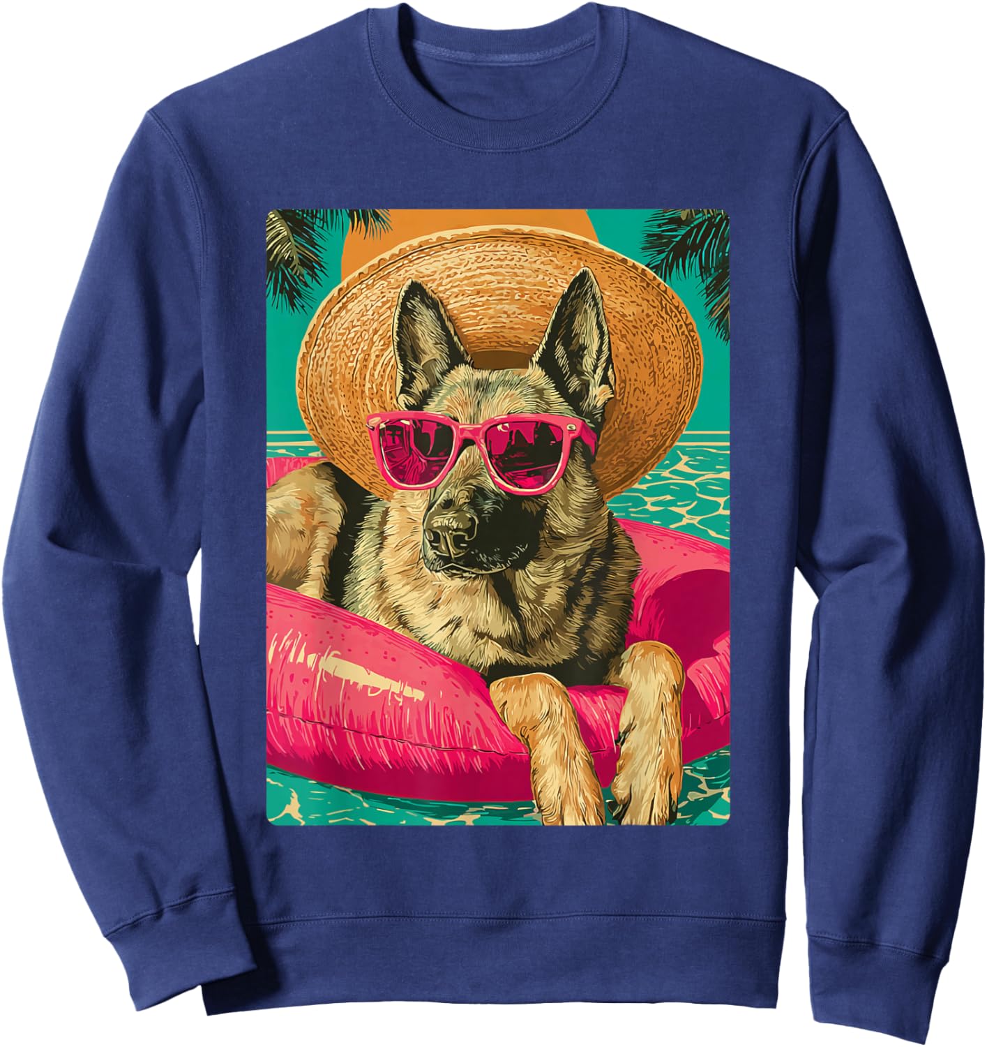 German Shepherd with Sunglasses Cute Dog Tropical Pool Party Sweatshirt - Sweatshirt | Navy