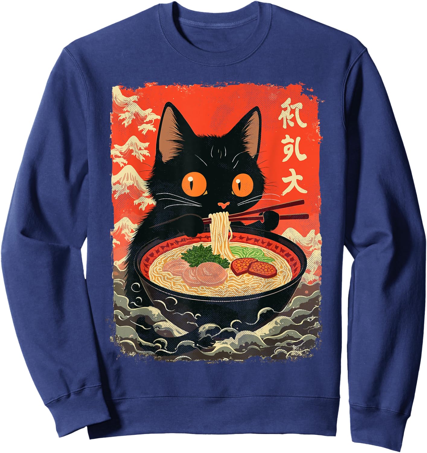 Neko Cat Eating Ramen Anime Kawaii Japanese Noodle Graphic Sweatshirt - Sweatshirt | Navy