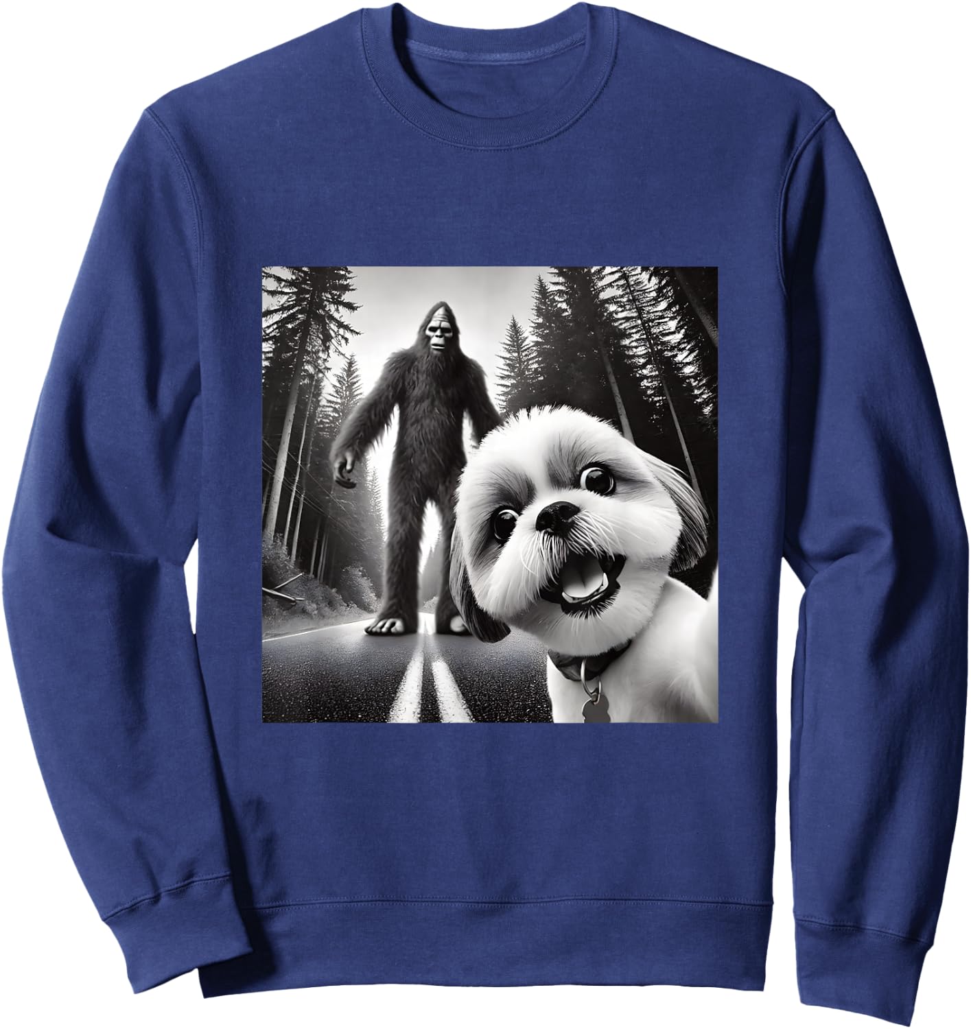 Shih tzu and Bigfoot Adventure in Forest Sweatshirt - Sweatshirt | Navy