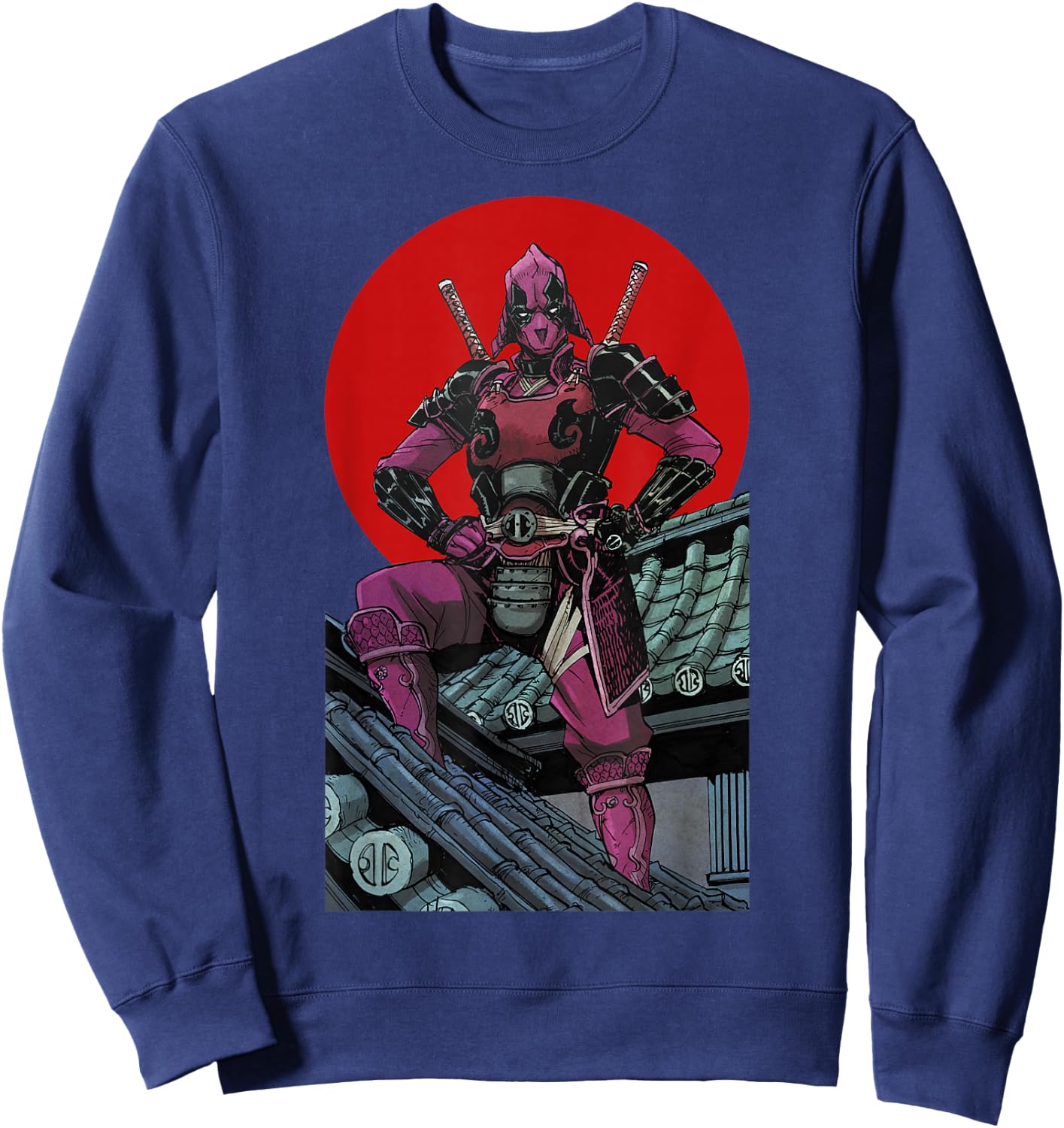 Marvel Deadpool Samurai Warrior Pose Red Sun Graphic Sweatshirt - Sweatshirt | Navy