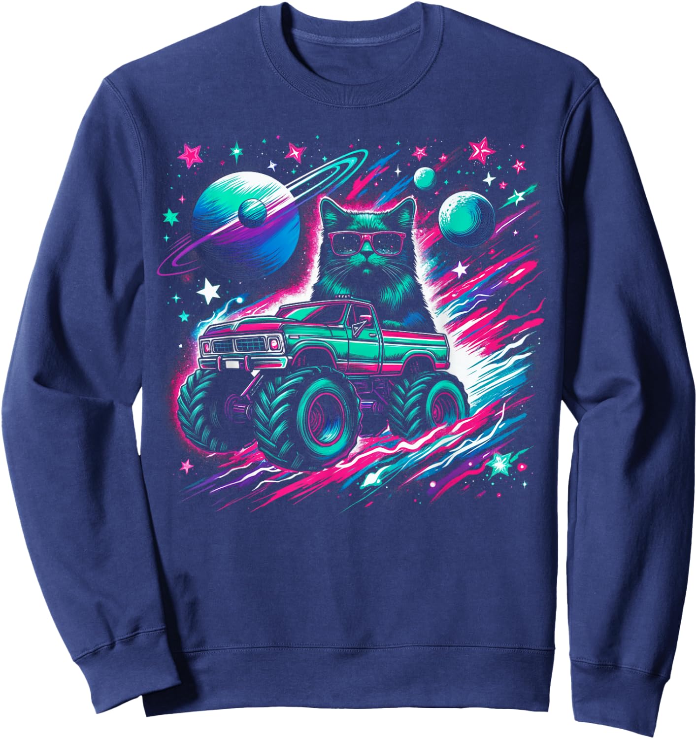 Cool Cat Driving Monster Truck in Cosmic Space Men Women Kids Sweatshirt - Sweatshirt | Navy