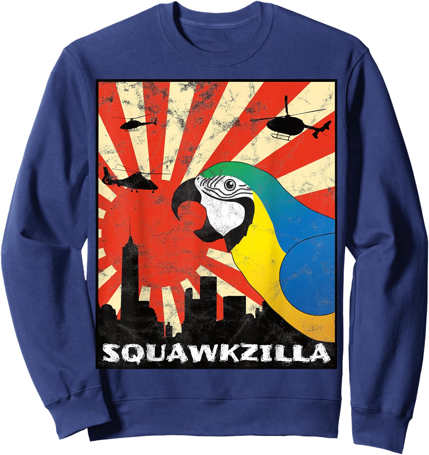 Squawk Zilla Blue and Gold Macaw Parrot Squawking Kawaii Sweatshirt - Sweatshirt | Navy