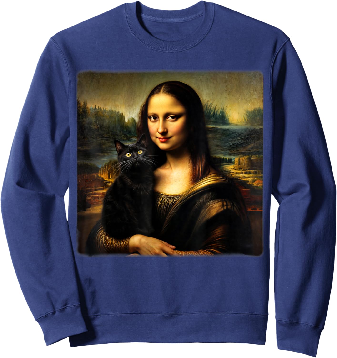 Mona Lisa Holding Black cat Black cat Mom Black cat Dad Cute Sweatshirt - Sweatshirt | Navy