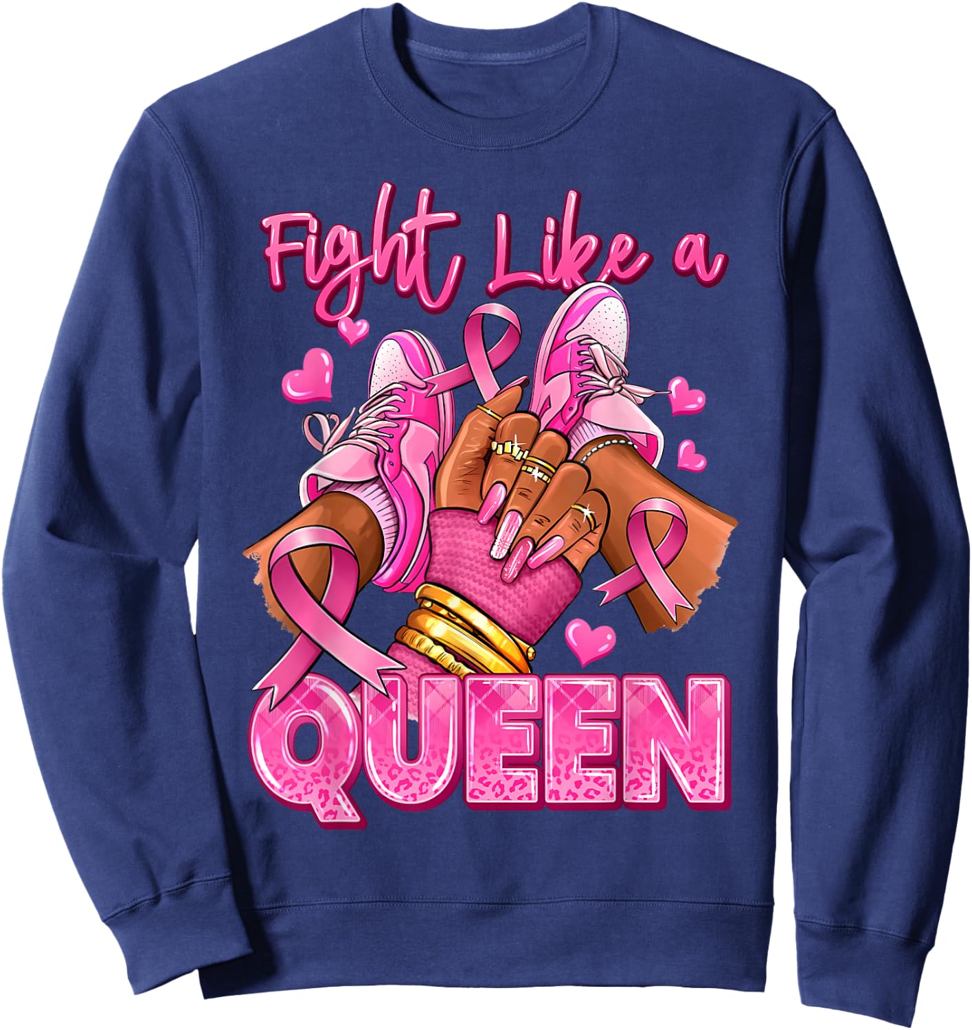 Afro Queen Black Women Breast Cancer Survivor Pink Ribbon Sweatshirt - Sweatshirt | Navy