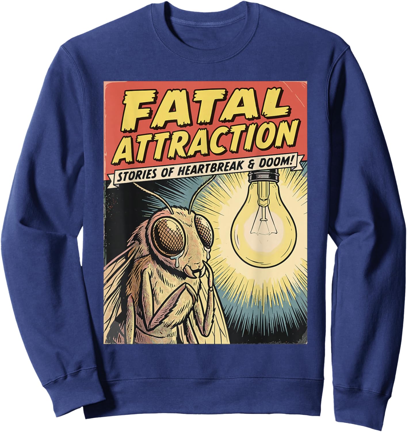 Funny Vintage Comic Book Style Moth Obsessed with Lightbulb Sweatshirt - Sweatshirt | Navy