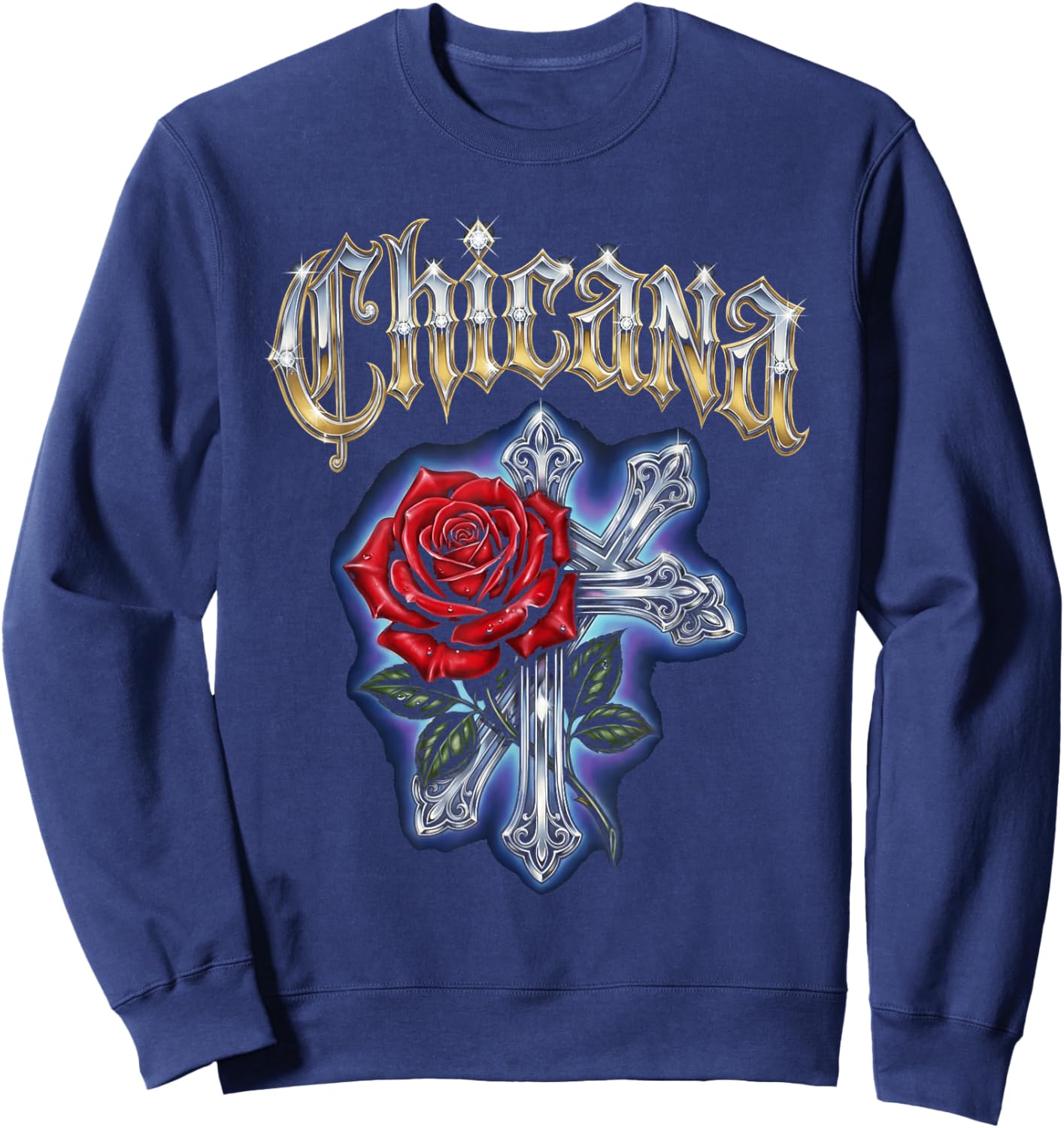 Chicana Rose Cross Heritage Lowrider Art Design Sweatshirt - Sweatshirt | Navy