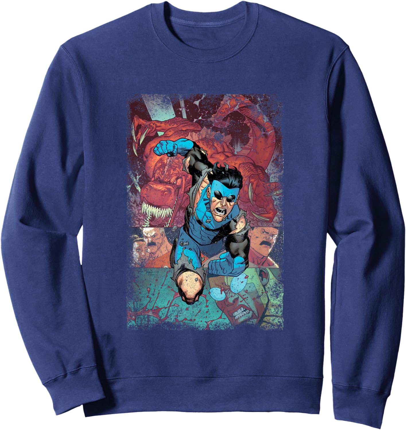 INVINCIBLE -Adults , Black, Small, Short Sleeve, Modern Classic Fit, Distressed Graphic, Lightweight, Classic Fit, Comic Fans, General Audience Sweatshirt - Sweatshirt | Navy