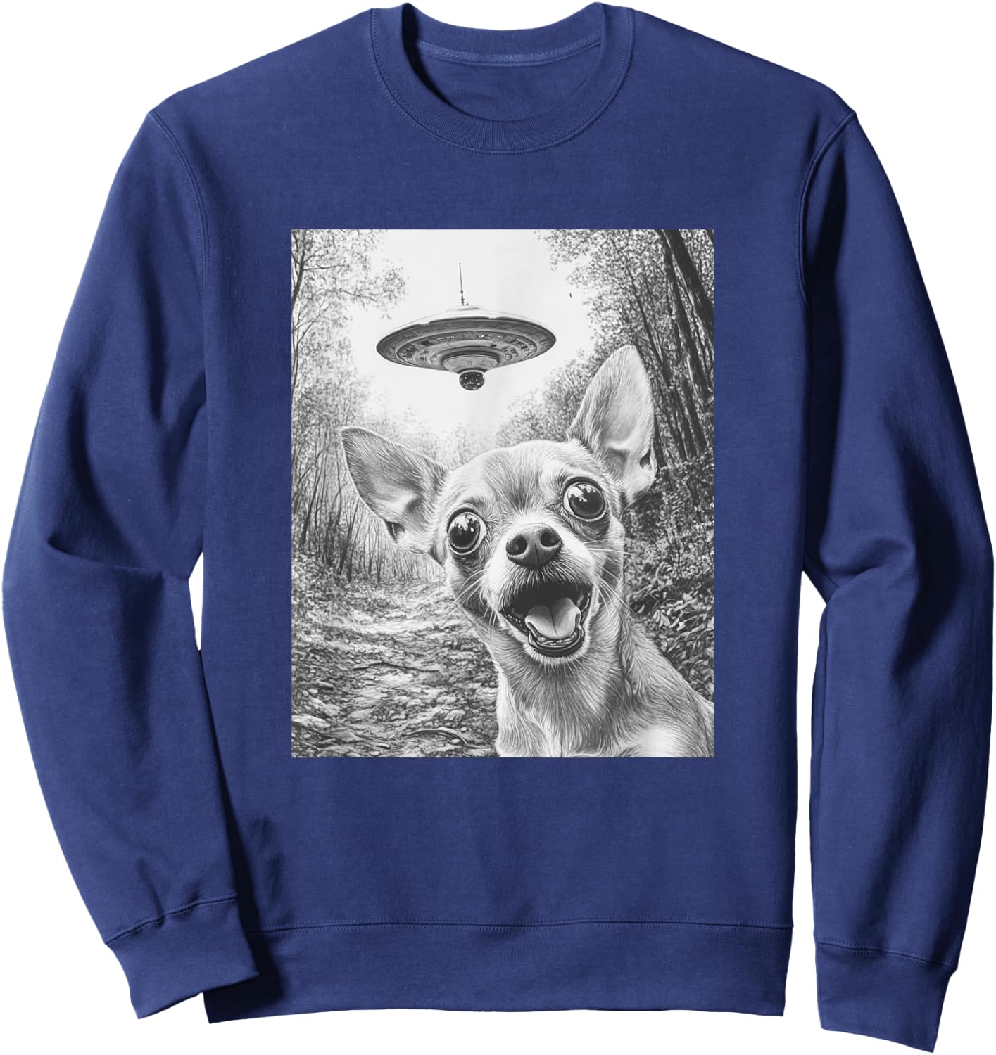 Funny Alien Chihuahua Selfie with UFO Sweatshirt - Sweatshirt | Navy