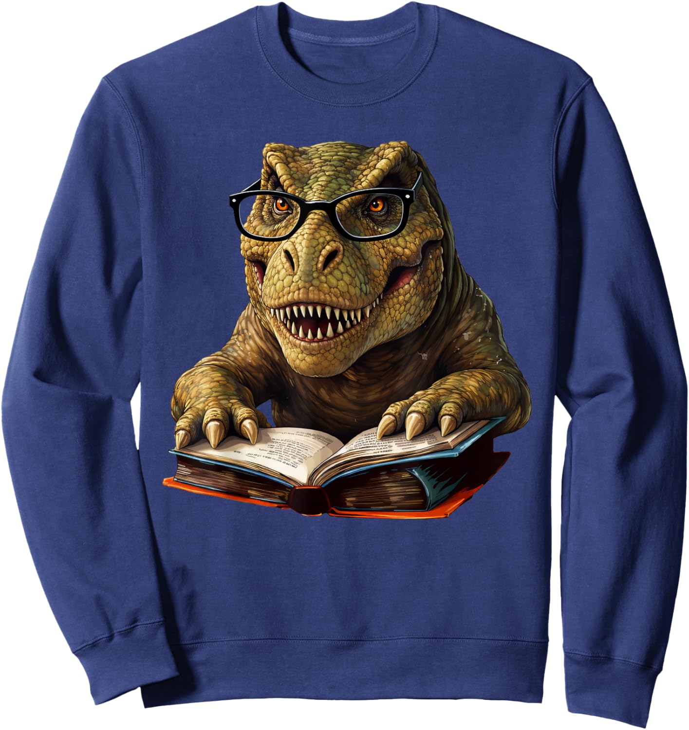 T-Rex Dinosaur Reading Book Nerd Sweatshirt - Sweatshirt | Navy
