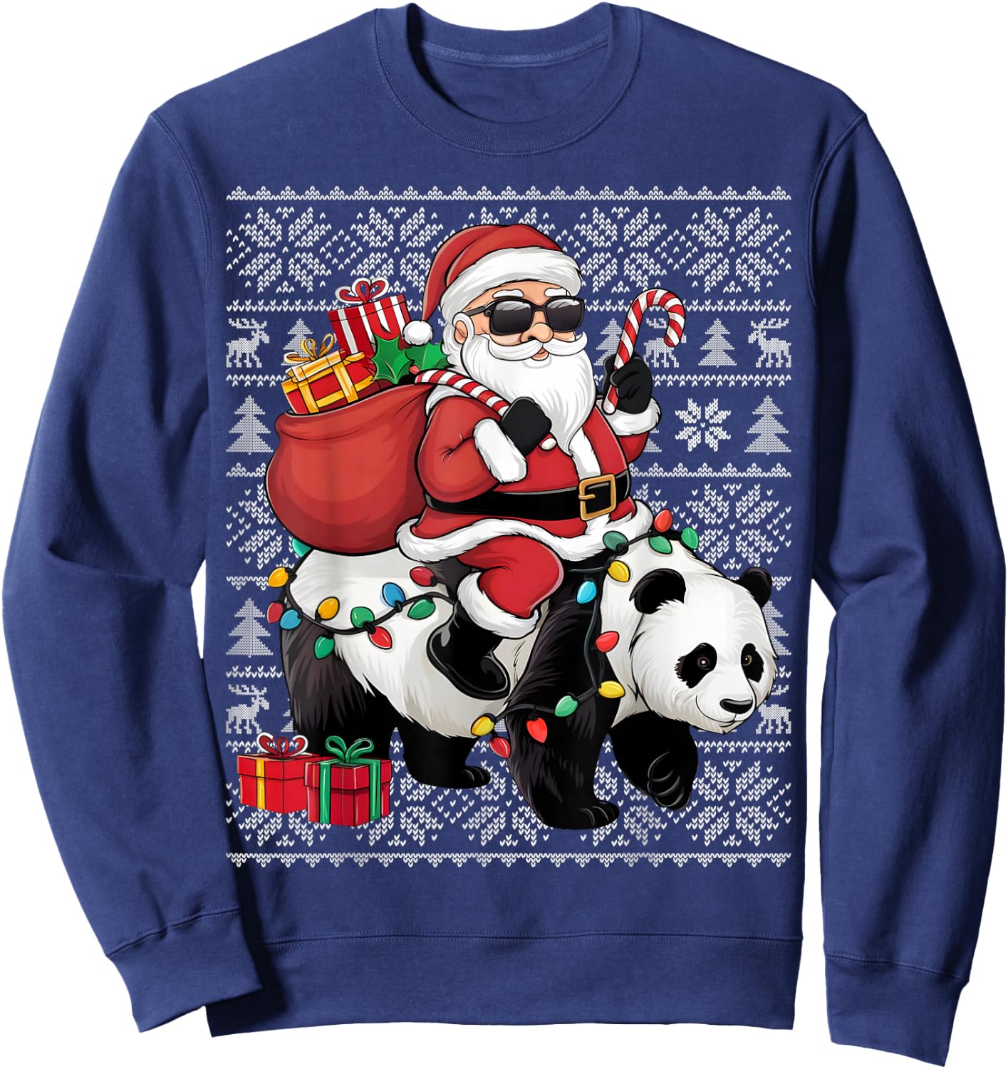 Ugly Xmas Sweater Style Santa Riding Panda Christmas Sweatshirt - Sweatshirt | Navy