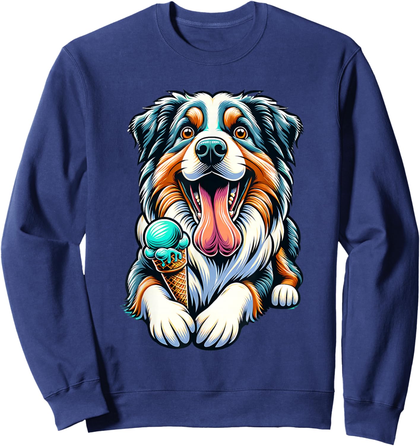Australian Shepherd Eating Ice Cream Cone Cute Dog Sweatshirt - Sweatshirt | Navy