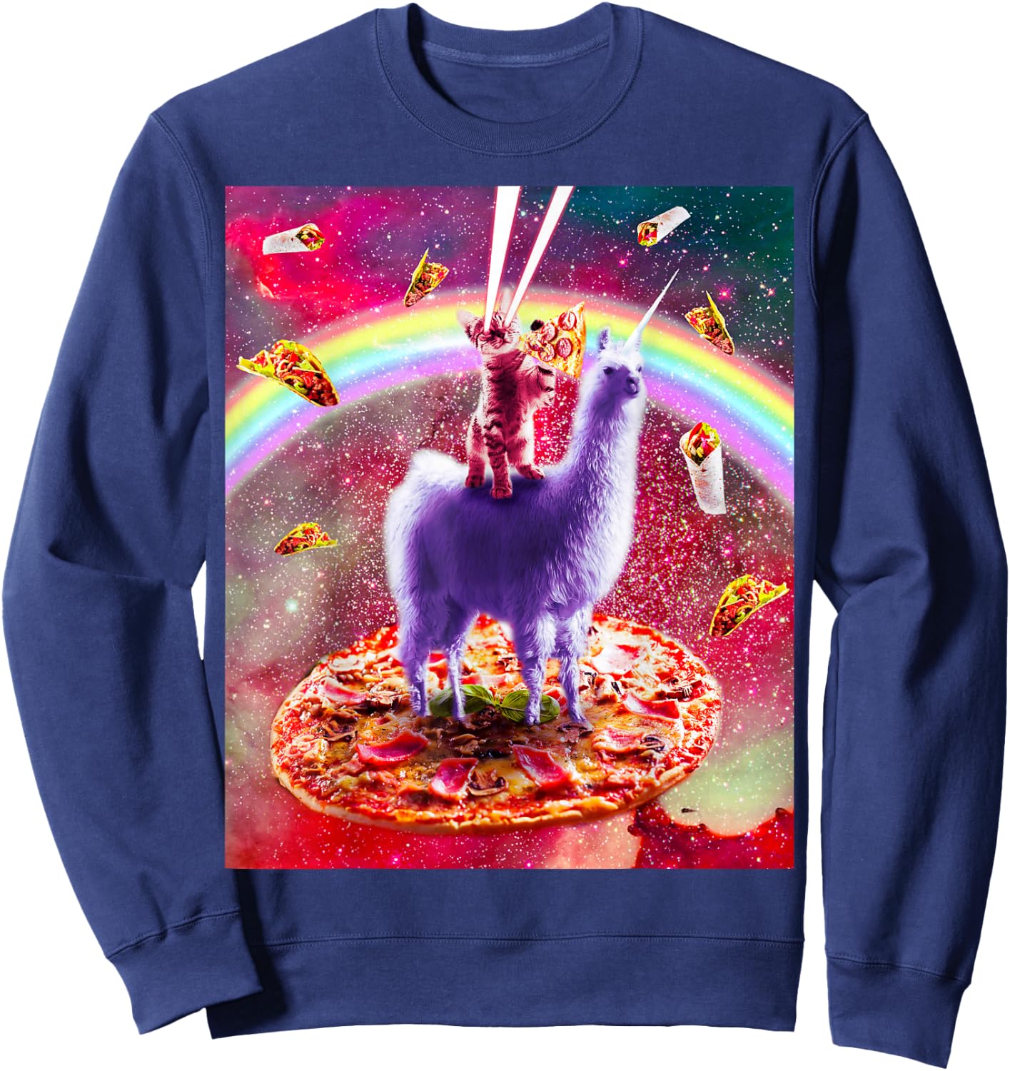 Laser Eyes Outer Space Cat Riding On Llama Unicorn Sweatshirt - Sweatshirt | Navy