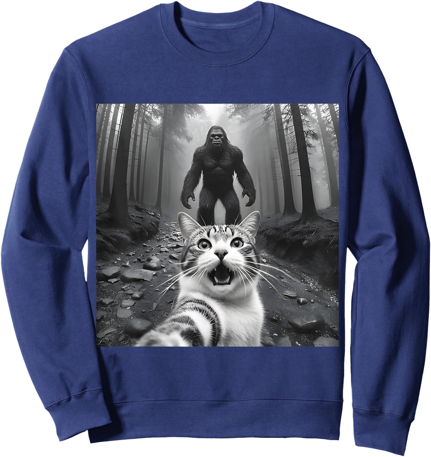 Funny Surprised Scared Cat Selfie With Sasquatsch Bigfoot Men Women Girls Kids Sweatshirt - Sweatshirt | Navy