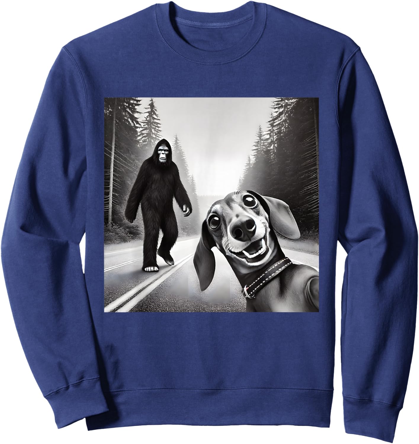 Bigfoot And Dachshund On Road - Black - Small - Short Sleeve Sweatshirt - Sweatshirt | Navy