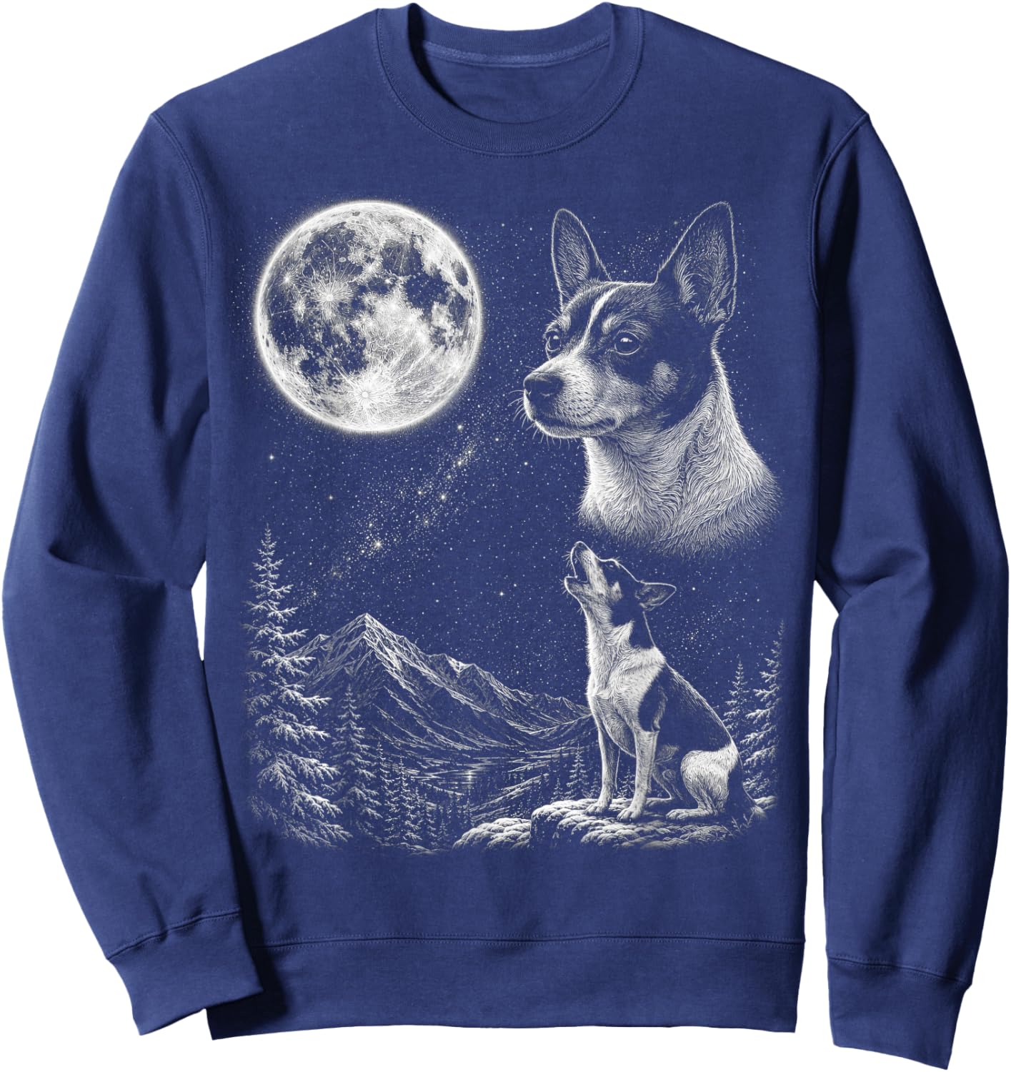 Rat Terrier Dog Howling to the Moon Retro 90's Sweatshirt - Sweatshirt | Navy