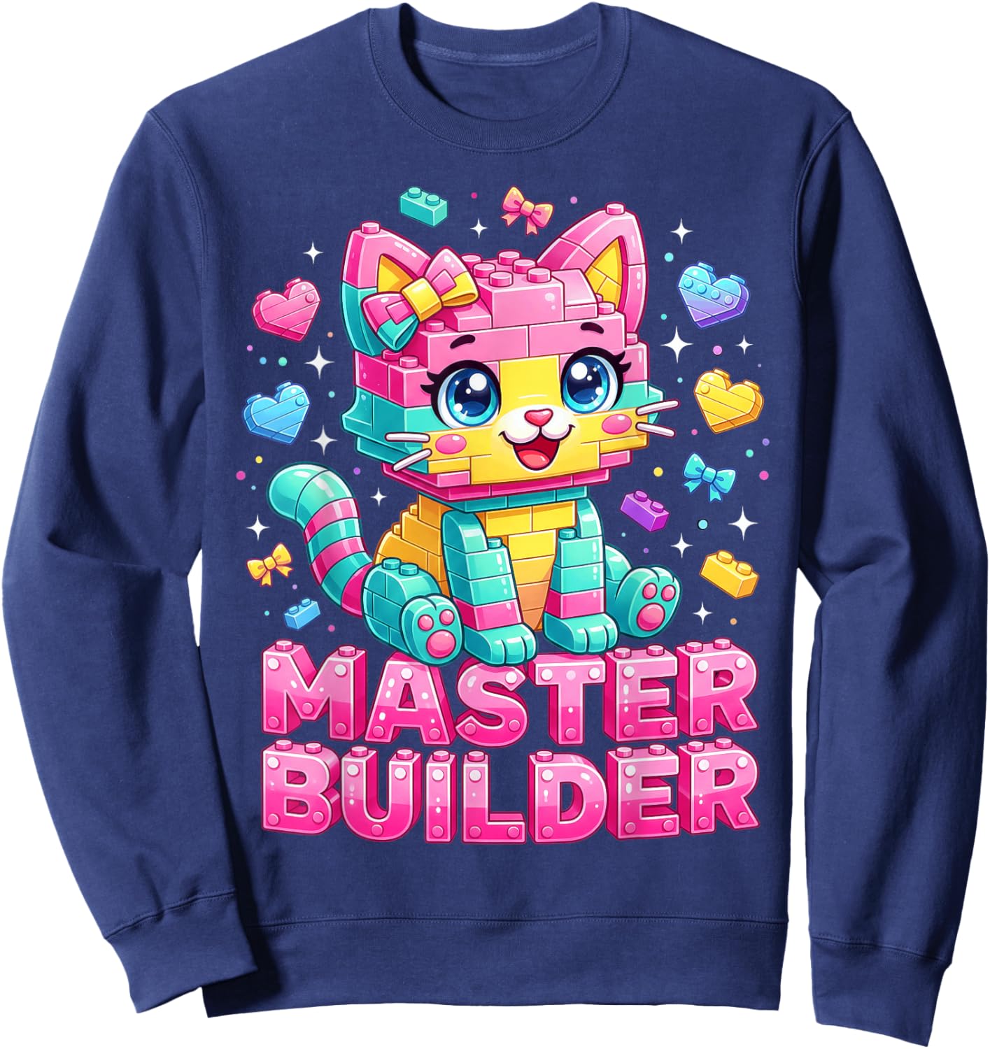 Master Builder Kids Girls Building Bricks Cat Lover Kitten Sweatshirt - Sweatshirt | Navy