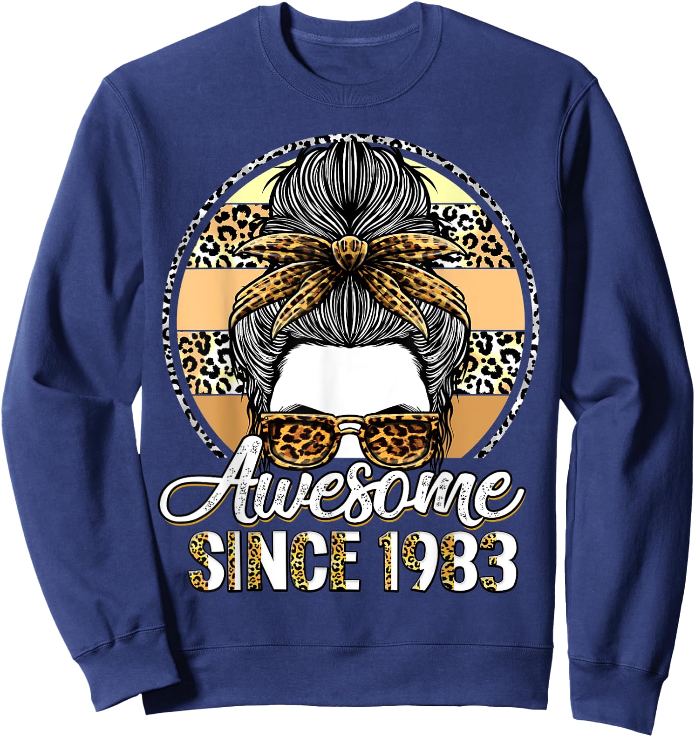 Awesome since 1983 40 Years Old Messy Bun Leopard Sweatshirt - Sweatshirt | Navy