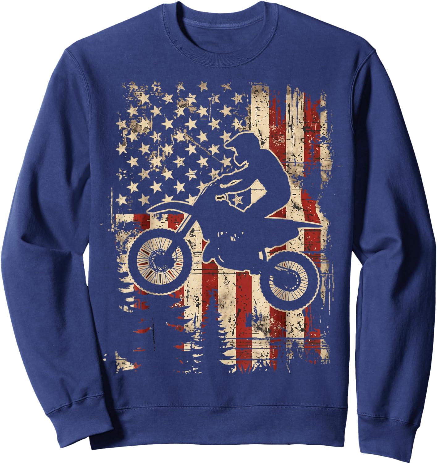 Vintage American Flag Dirt Bike Motocross Patriotic Rider Sweatshirt - Sweatshirt | Navy