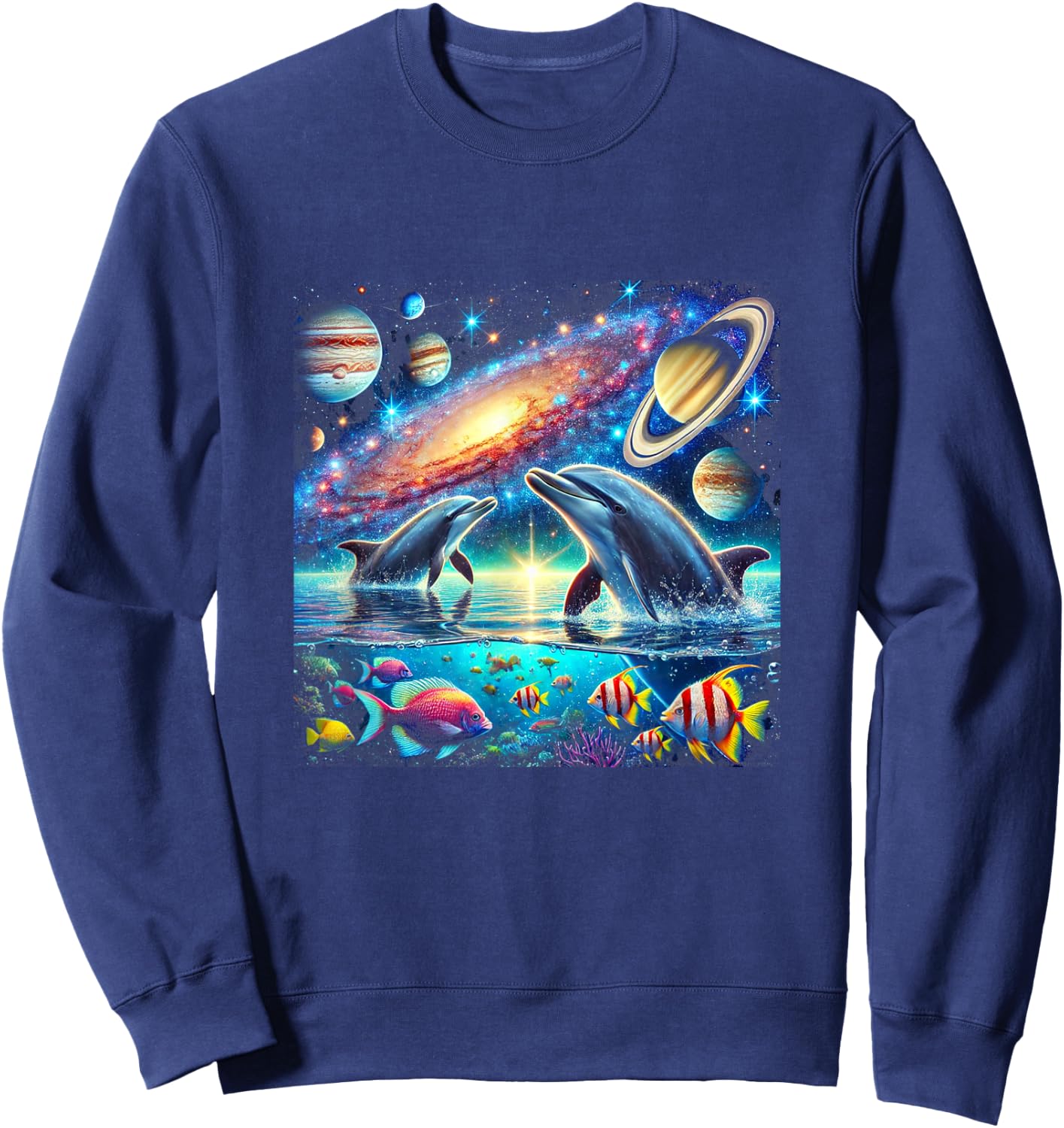 90s Dolphin, Y2k Space Galaxy Dolphins, Colorful Beach Sweatshirt - Sweatshirt | Navy