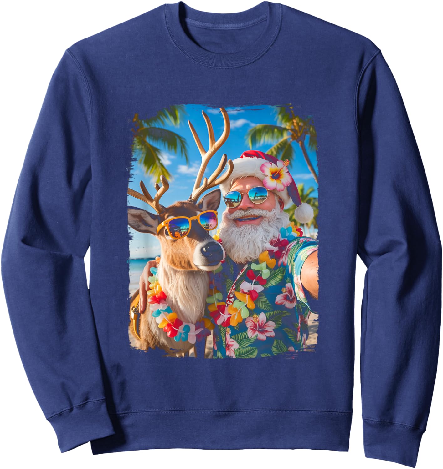Santa and Reindeer Selfie Funny Beach Christmas in July Sweatshirt - Sweatshirt | Navy