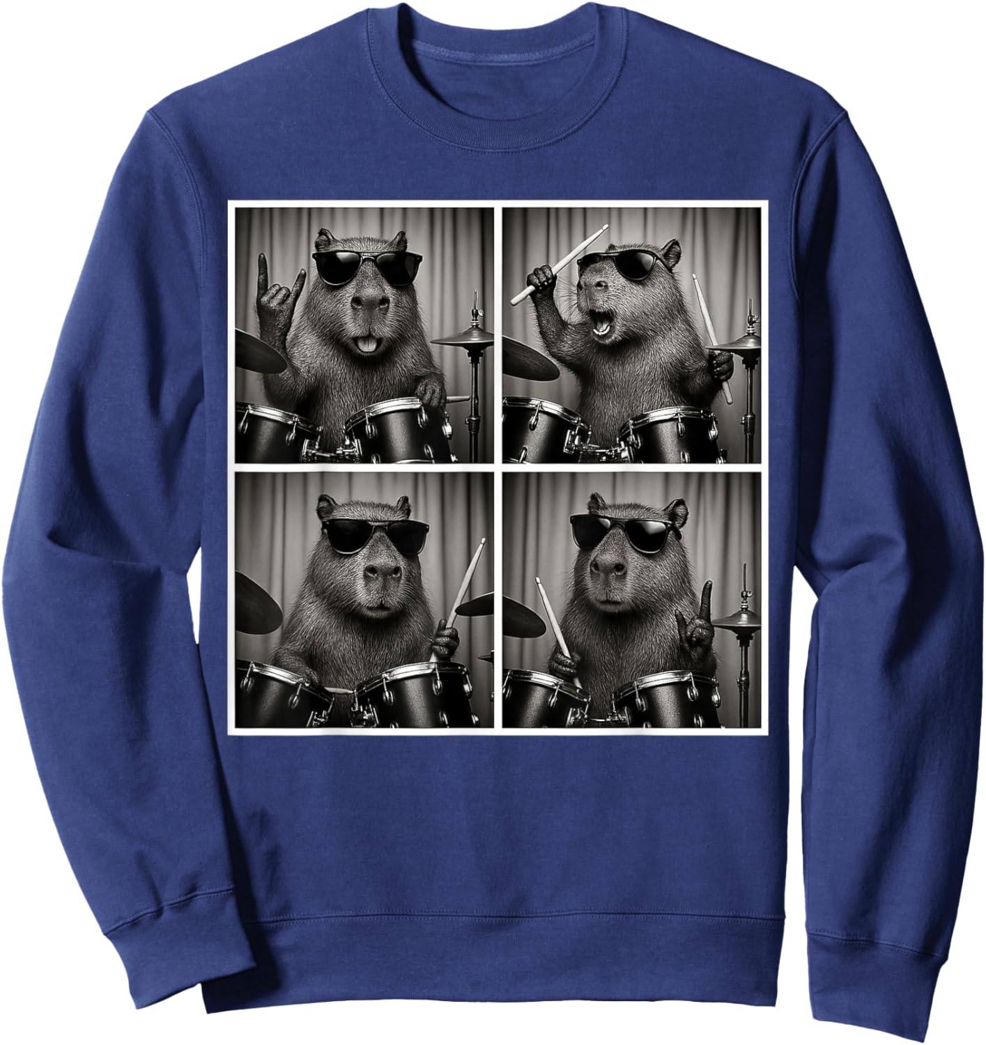 Vintage Capybara Playing Drums Capybara Drummer Photobooth Sweatshirt - Sweatshirt | Navy