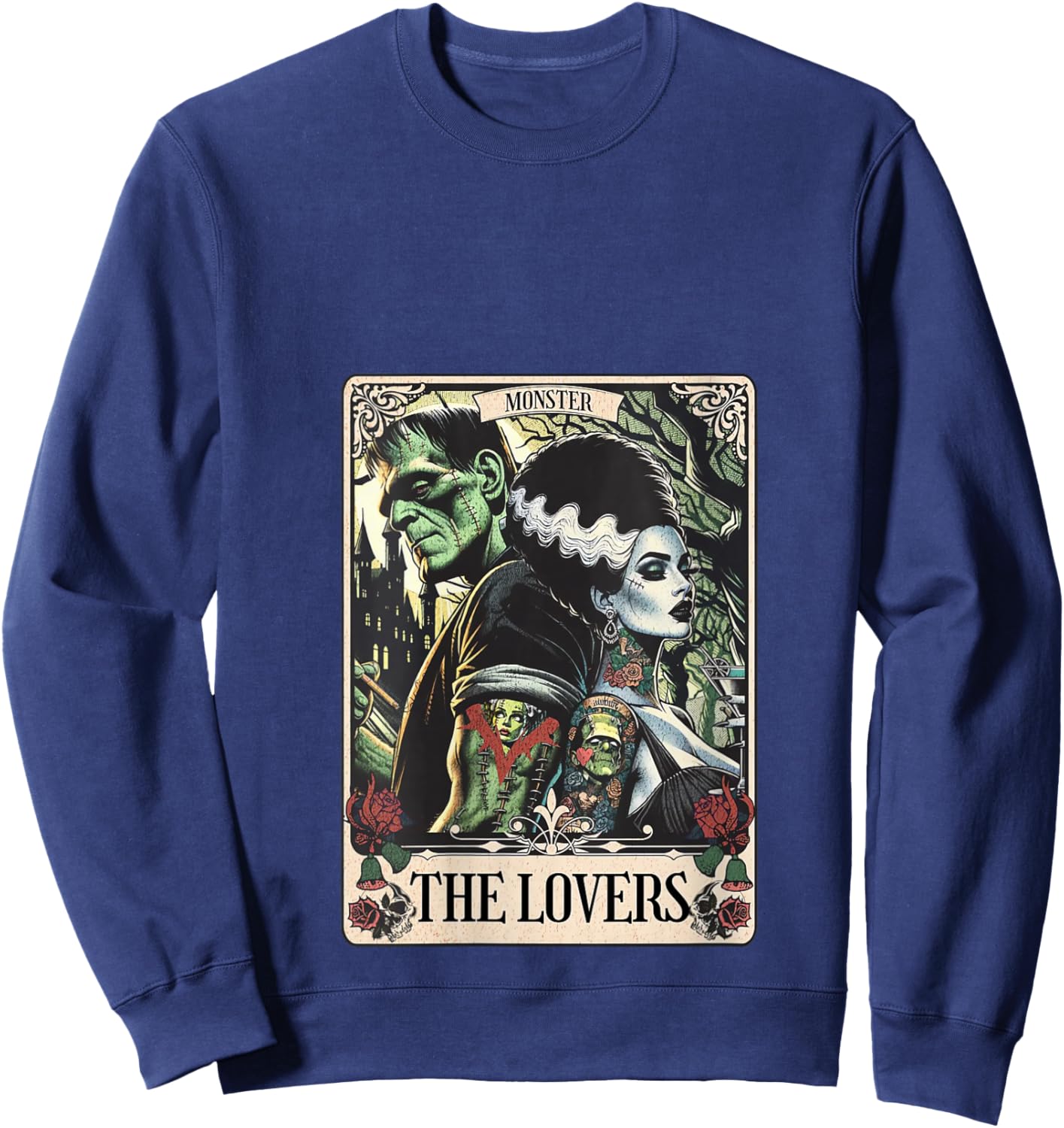 Women's The Monster Frankenstein and Bride The Lovers Tarot Card V-Neck Sweatshirt - Sweatshirt | Navy