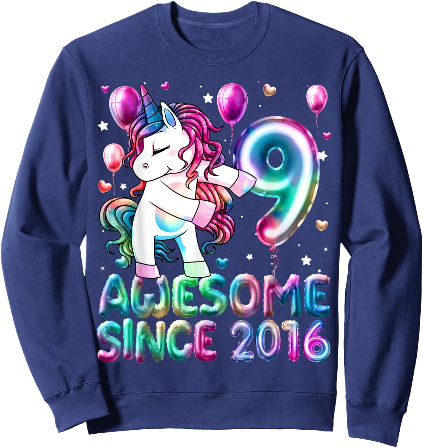 Flossing Unicorn 9 Year Old 9th Birthday Girl Unicorn Party Sweatshirt - Sweatshirt | Navy