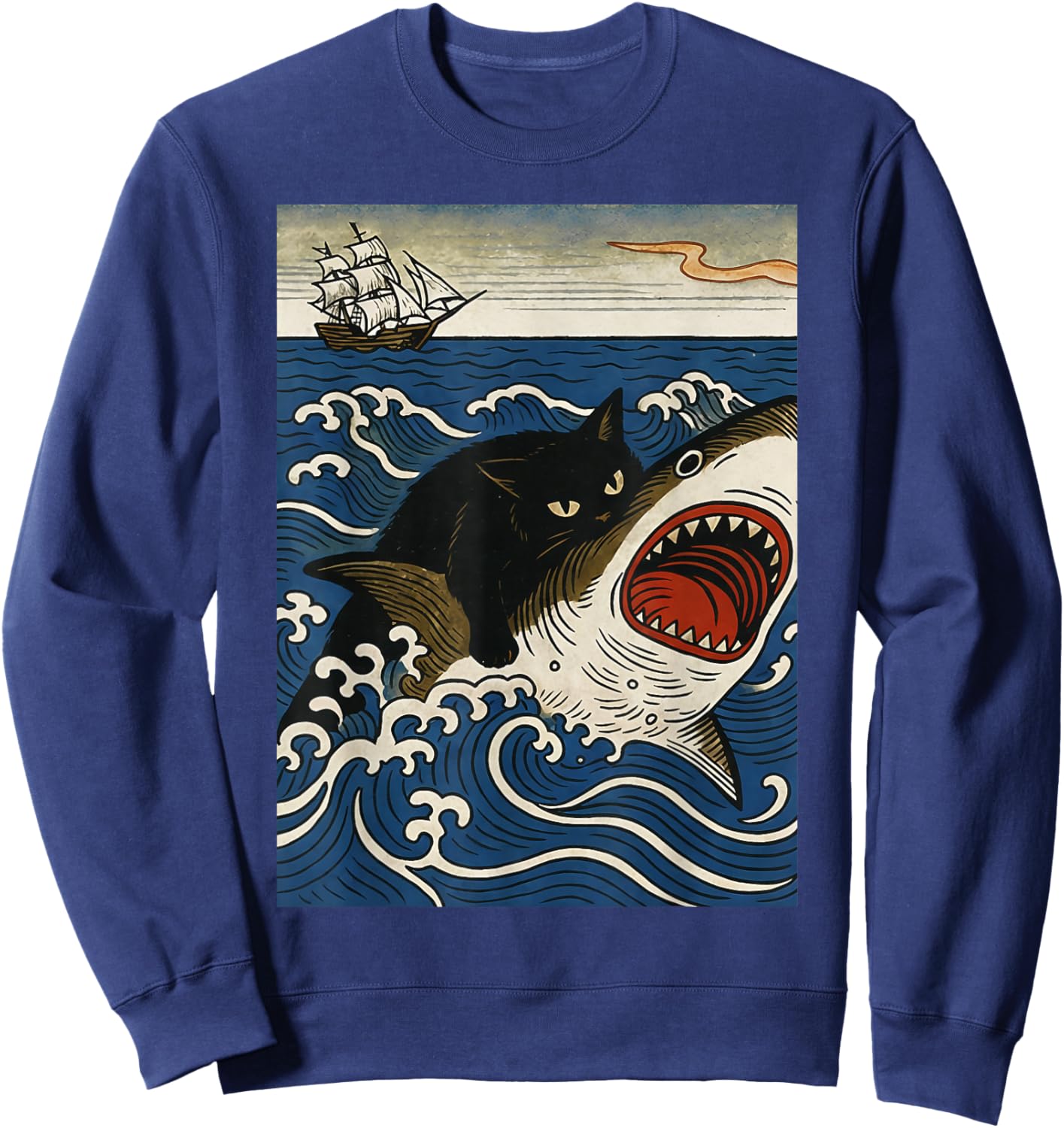 Ukiyo-e Cat Riding Shark Retro Black Cat Shark Rider Ocean Sweatshirt - Sweatshirt | Navy