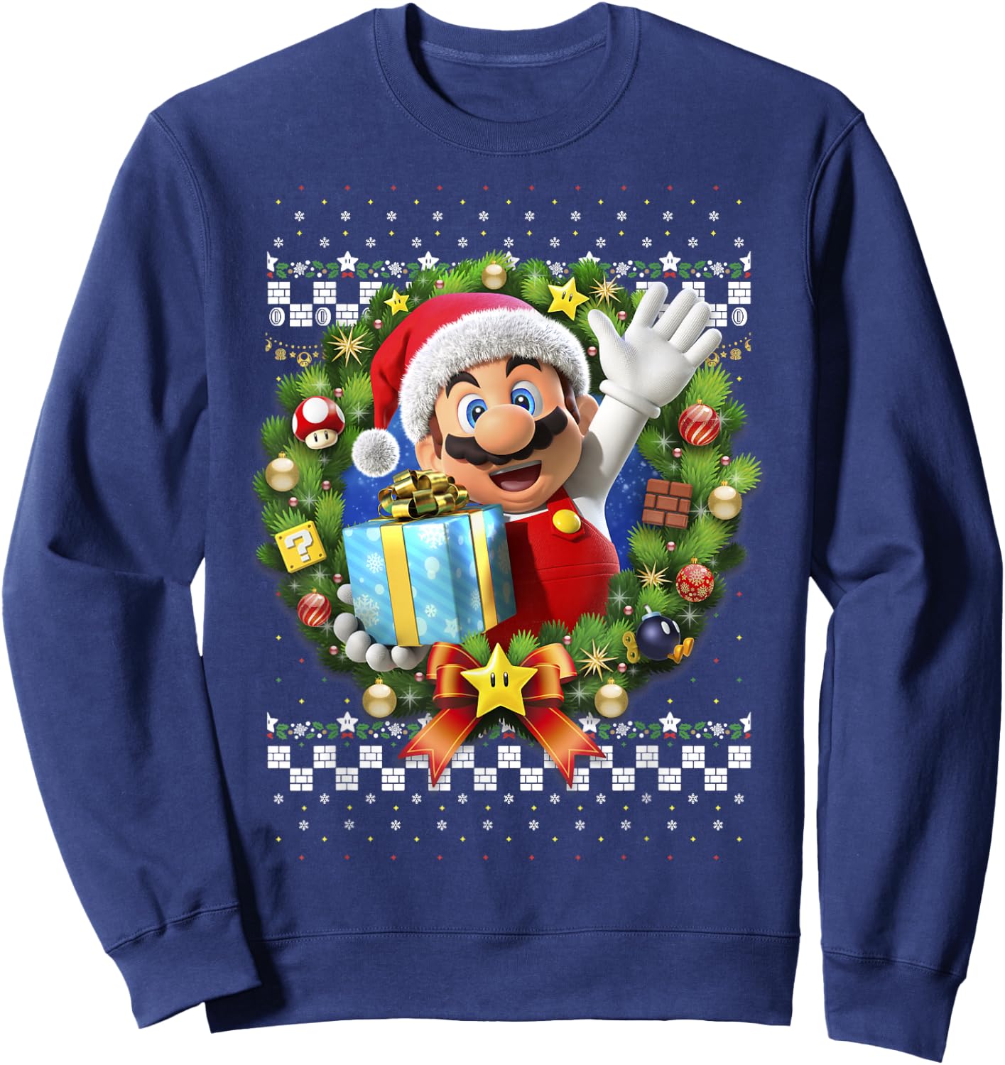Super Mario 3D Christmas Wreath Present Graphic Short Sleeve Sweatshirt - Sweatshirt | Navy