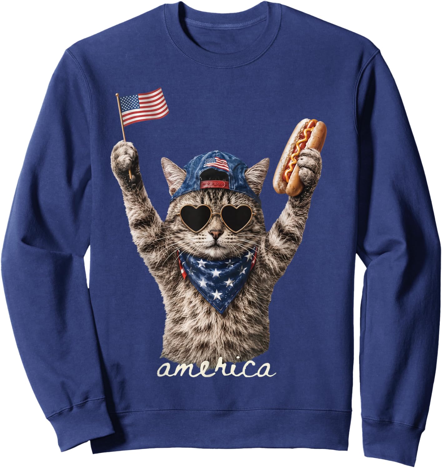 Retro Funny America Cat Hot Dog Lovers Patriotic US Flag Sweatshirt - Sweatshirt | Navy