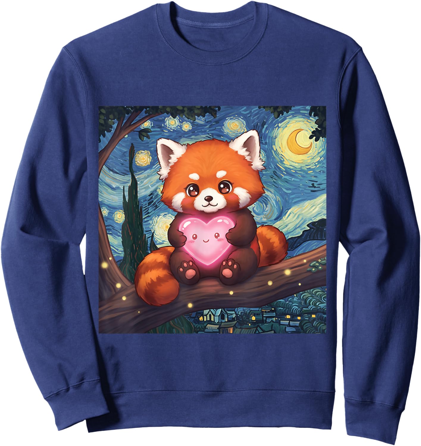Cute Adorable Red Panda Holding Heart Van Gogh Inspired Sweatshirt - Sweatshirt | Navy
