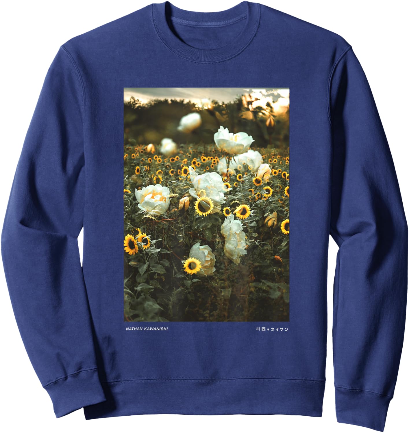 Nathan Kawanishi Aesthetic Modern Floral Sunflower - Women's Classic Fit Black Short Sleeve Small Sweatshirt - Sweatshirt | Navy