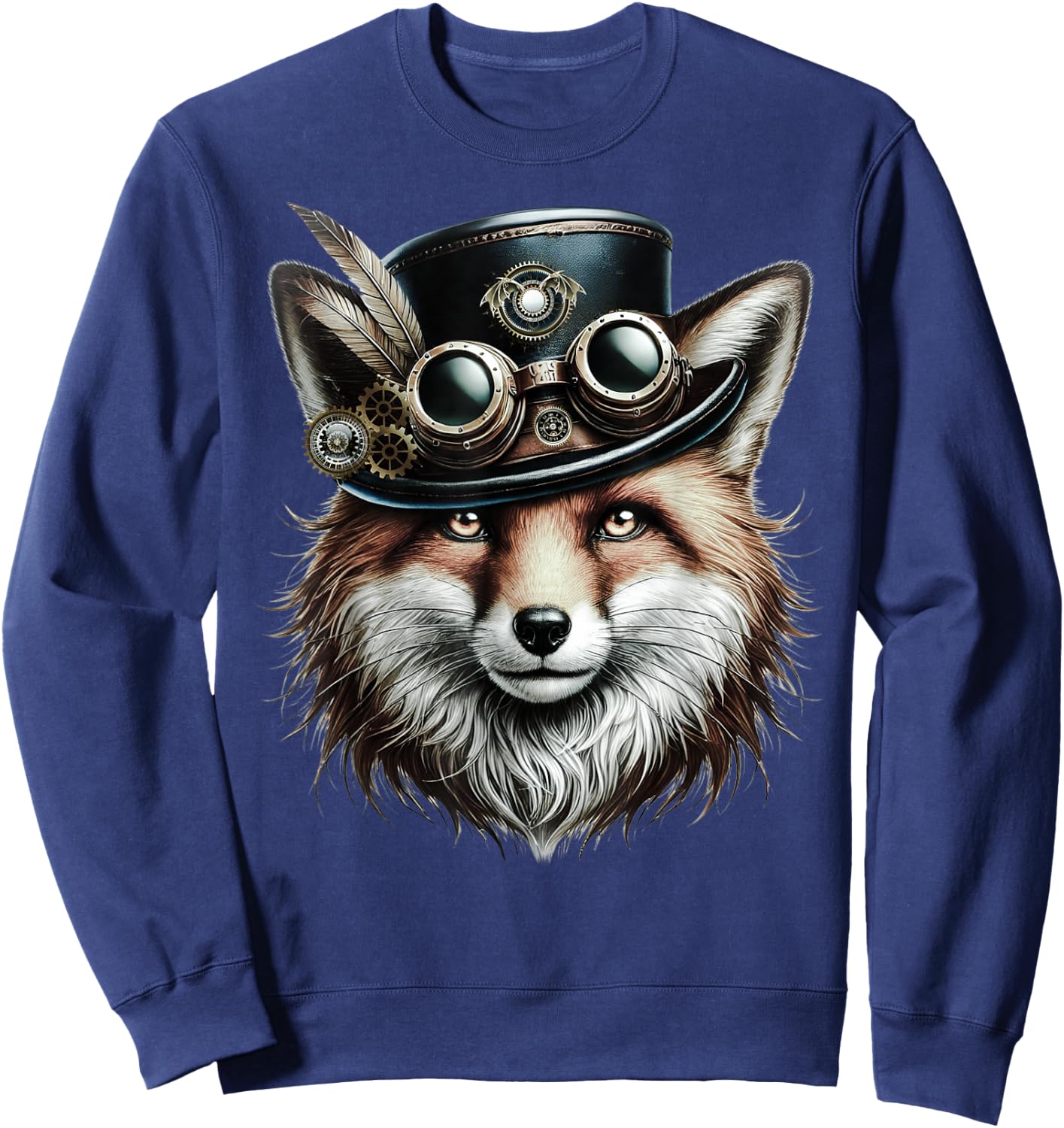 Steampunk Fox Shirt with Goggles and Gear Artwork Sweatshirt - Sweatshirt | Navy