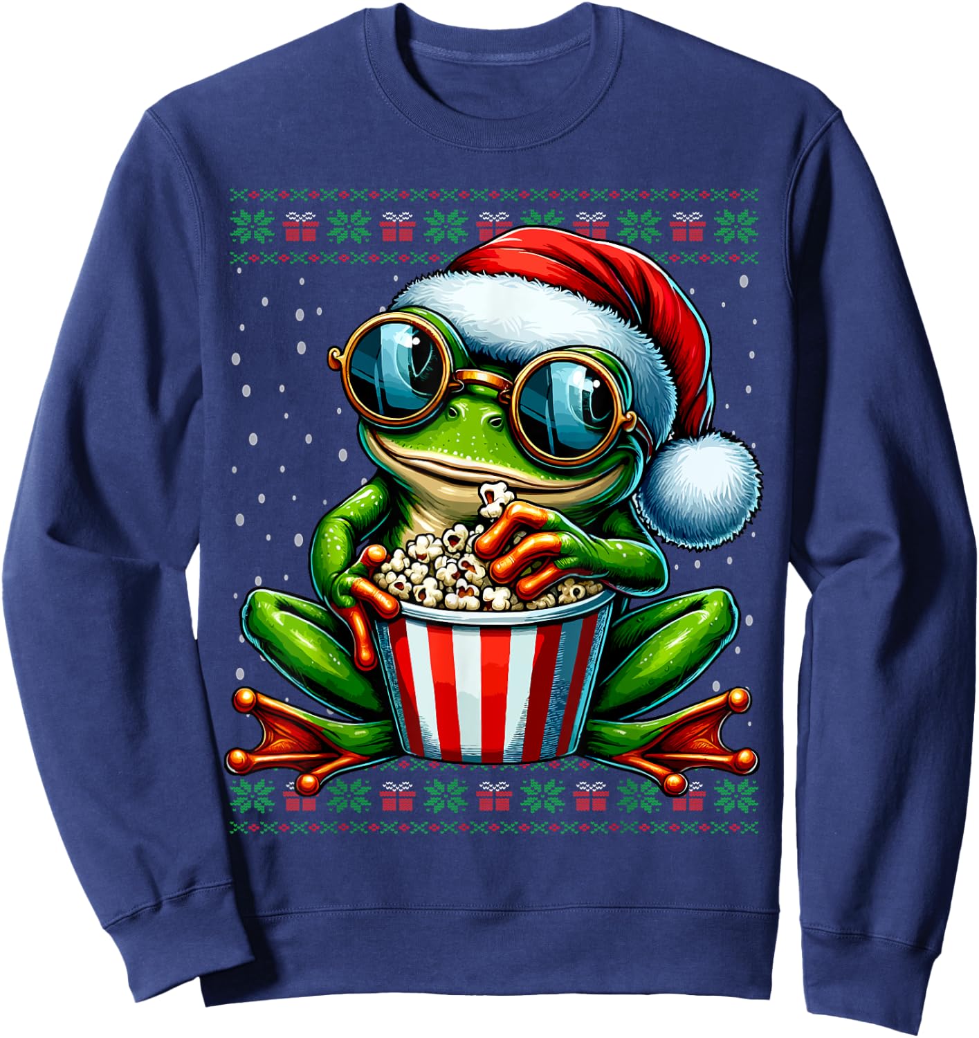 Christmas Frog Eating Popcorn Ugly Christmas Sweater Sweatshirt - Sweatshirt | Navy