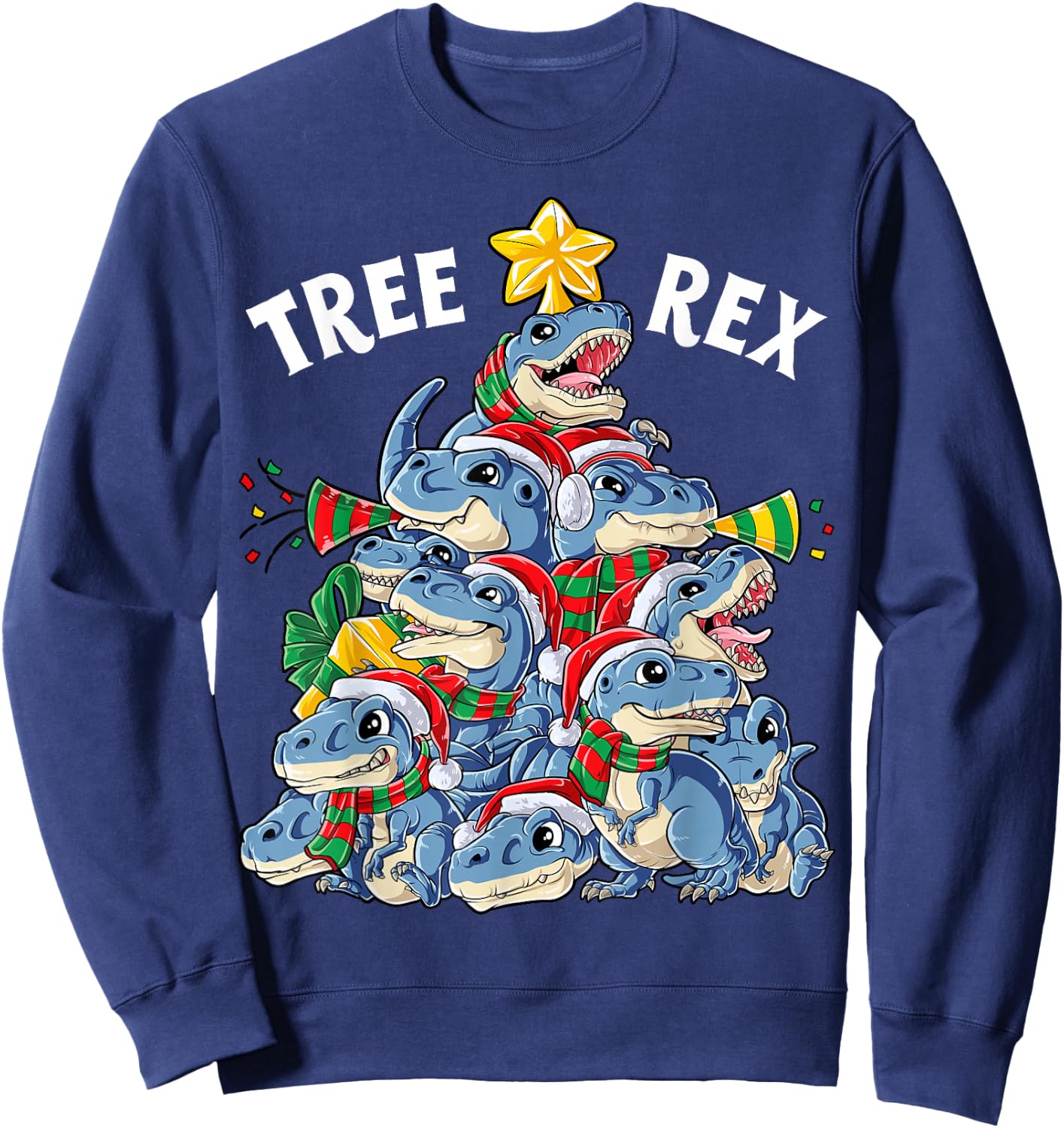 Christmas Dinosaur Tree Rex Pyjamas Men Boys Xmas Santa Hat Sweatshirt - Sweatshirt | Navy