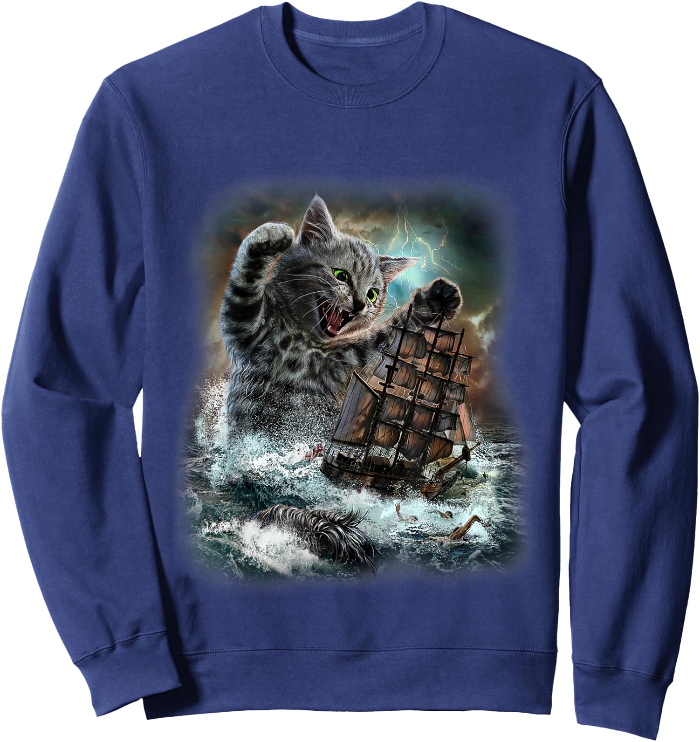 Giant Cat as Kraken Sea Monster Ambush a War Ship in Ocean Sweatshirt - Sweatshirt | Navy