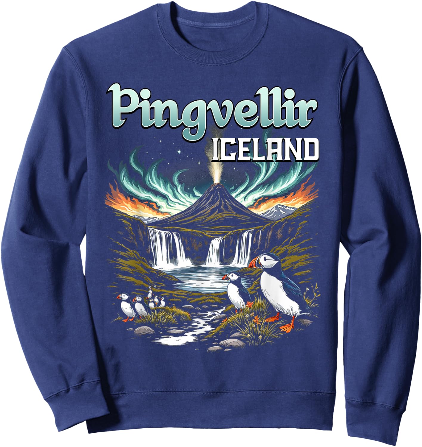 Þingvellir Iceland Souvenir Icelandic Volcano Puffin Birds Sweatshirt - Sweatshirt | Navy
