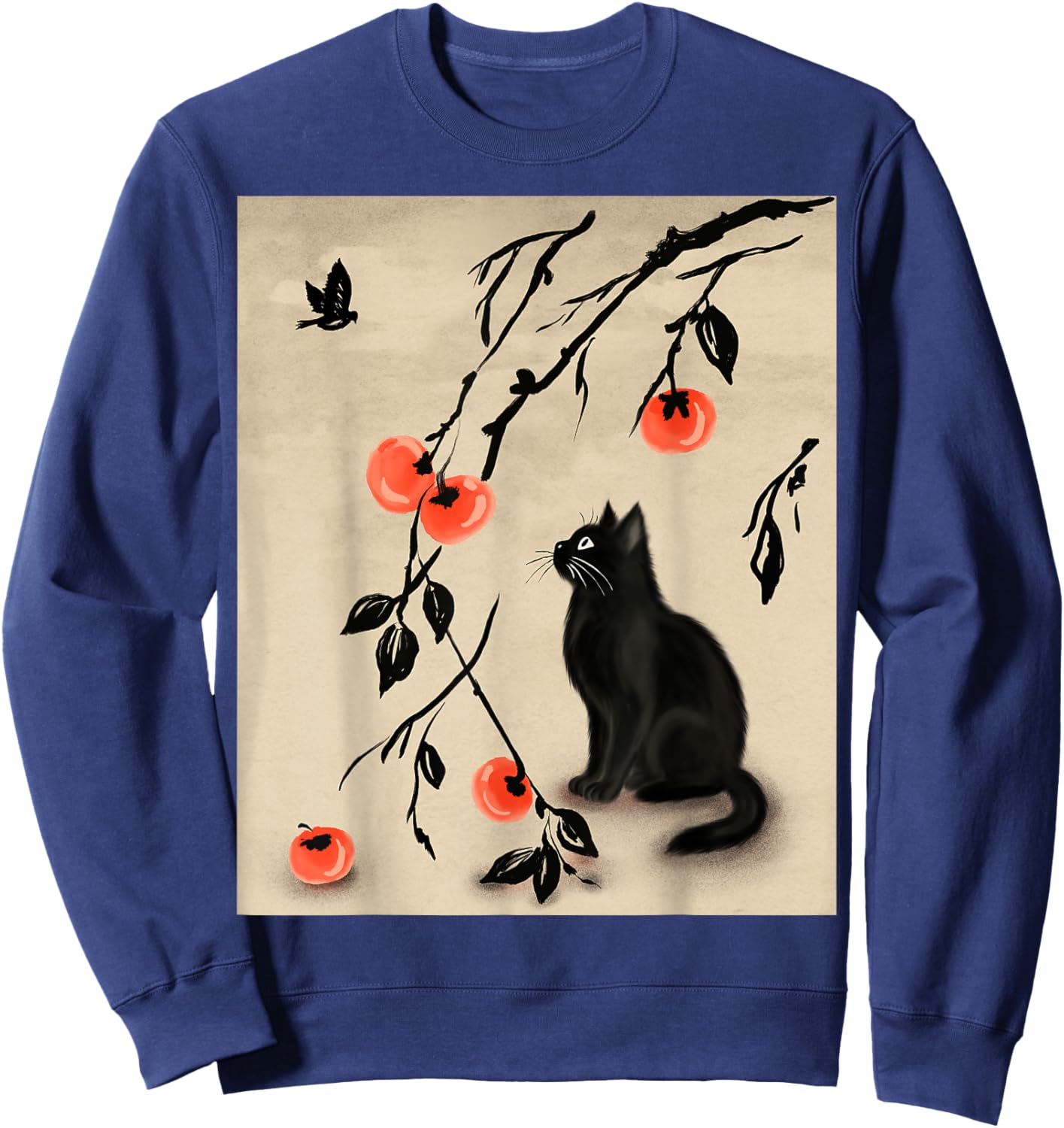 Minimal Cat and Persimmons with Bird in Sumi-e Scene Art Sweatshirt - Sweatshirt | Navy