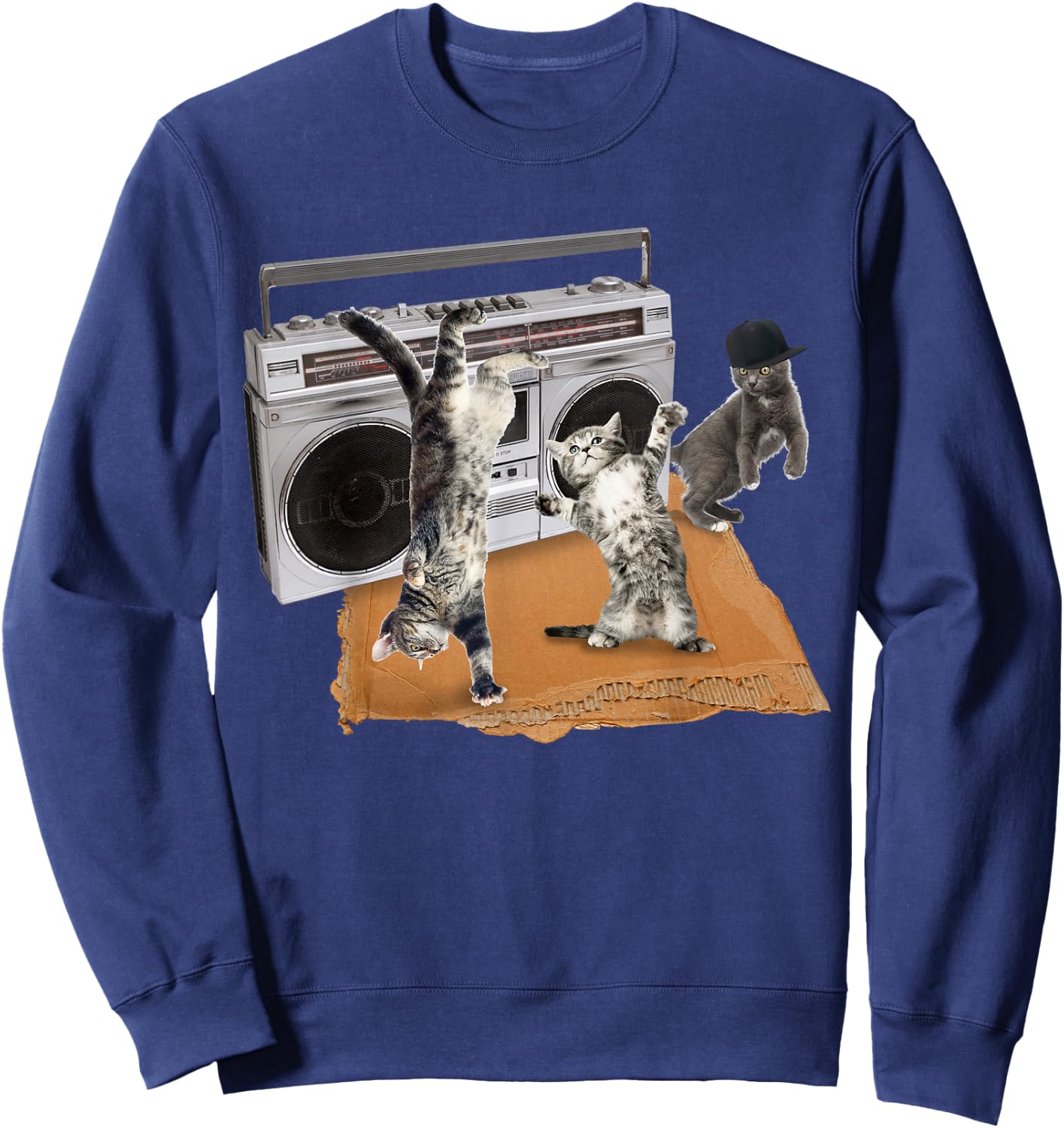 Breakdancing Kitties Cardboard & Boombox Cat Men Women Girls Kids Sweatshirt - Sweatshirt | Navy