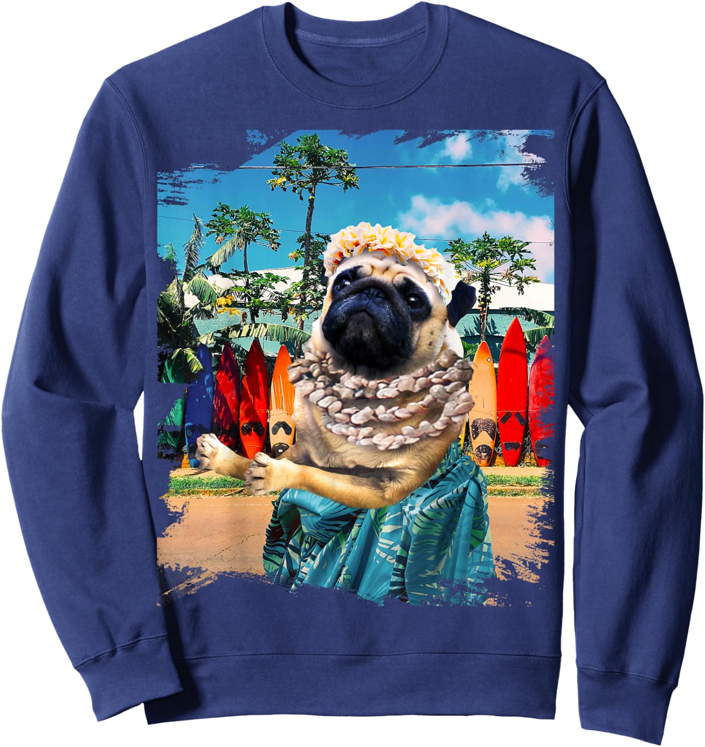 Cute Aloha Pug Hawaiian - , Small, Black, Short Sleeve, Cotton 100% Sweatshirt - Sweatshirt | Navy