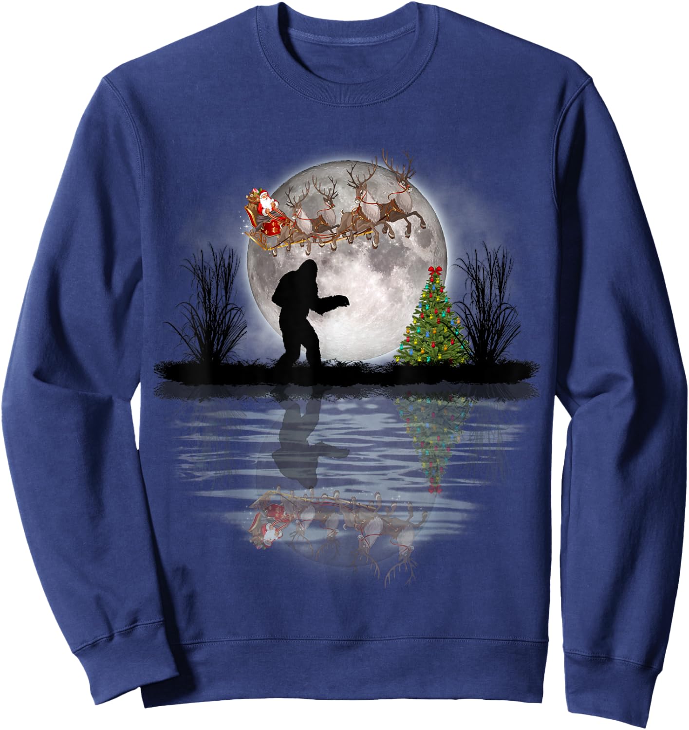 Funny Bigfoot Christmas Santa Sleigh Reindeer Sweatshirt - Sweatshirt | Navy