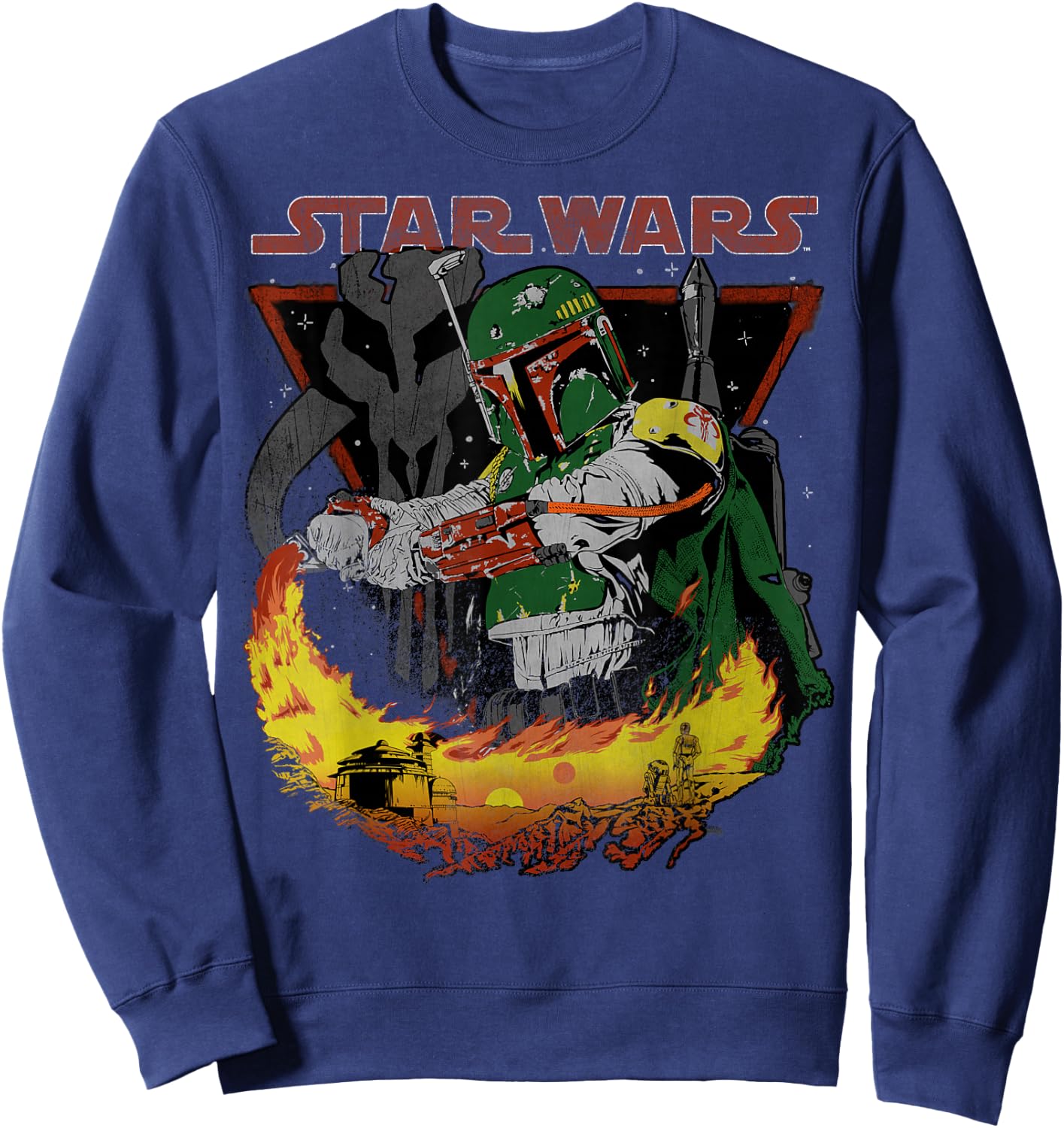 Star Wars Boba Fett Tatooine Flame Retro Poster Sweatshirt - Sweatshirt | Navy