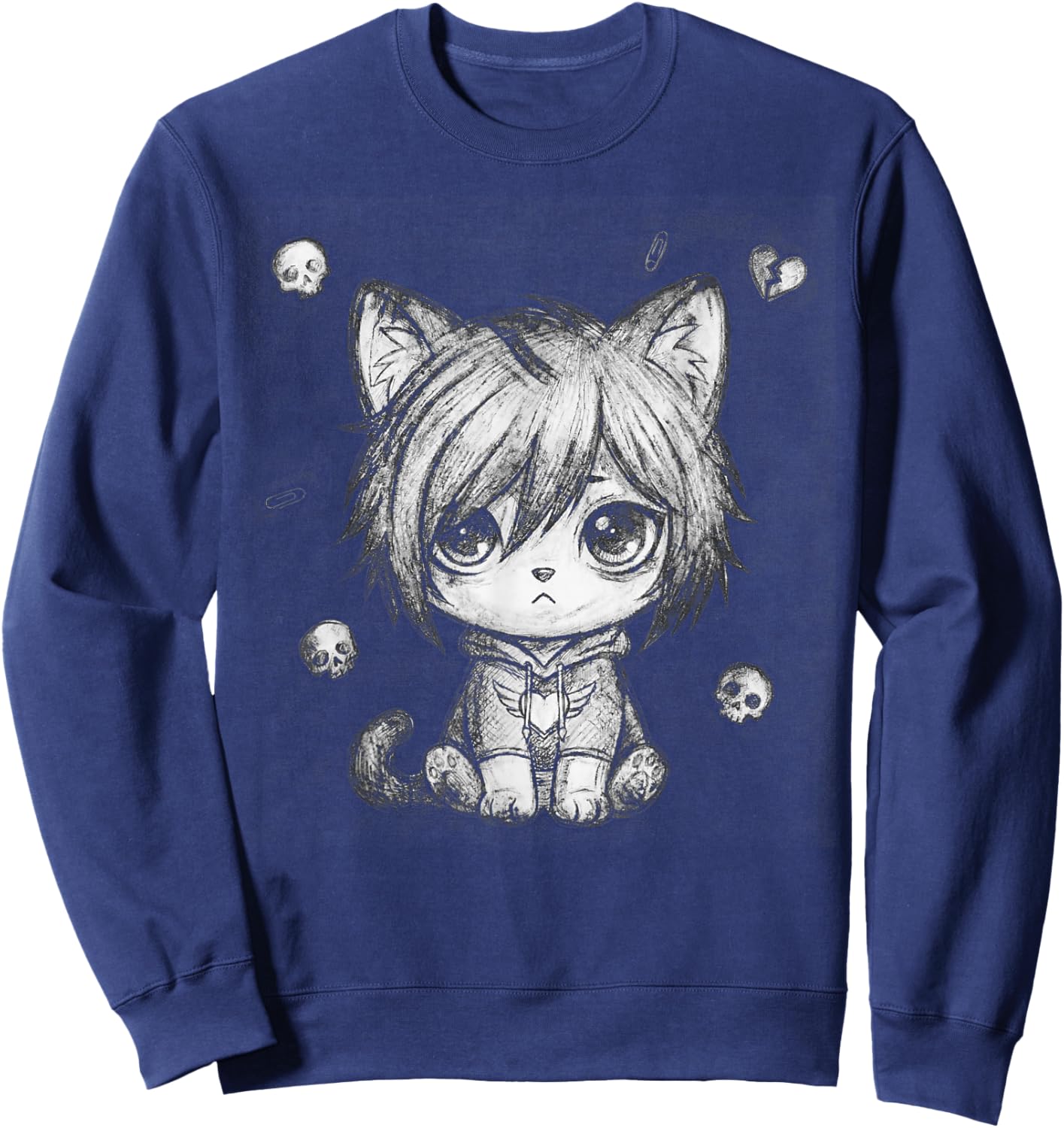 Sad Emo Cat in Aesthetic Grunge Sketch Art Sweatshirt - Sweatshirt | Navy