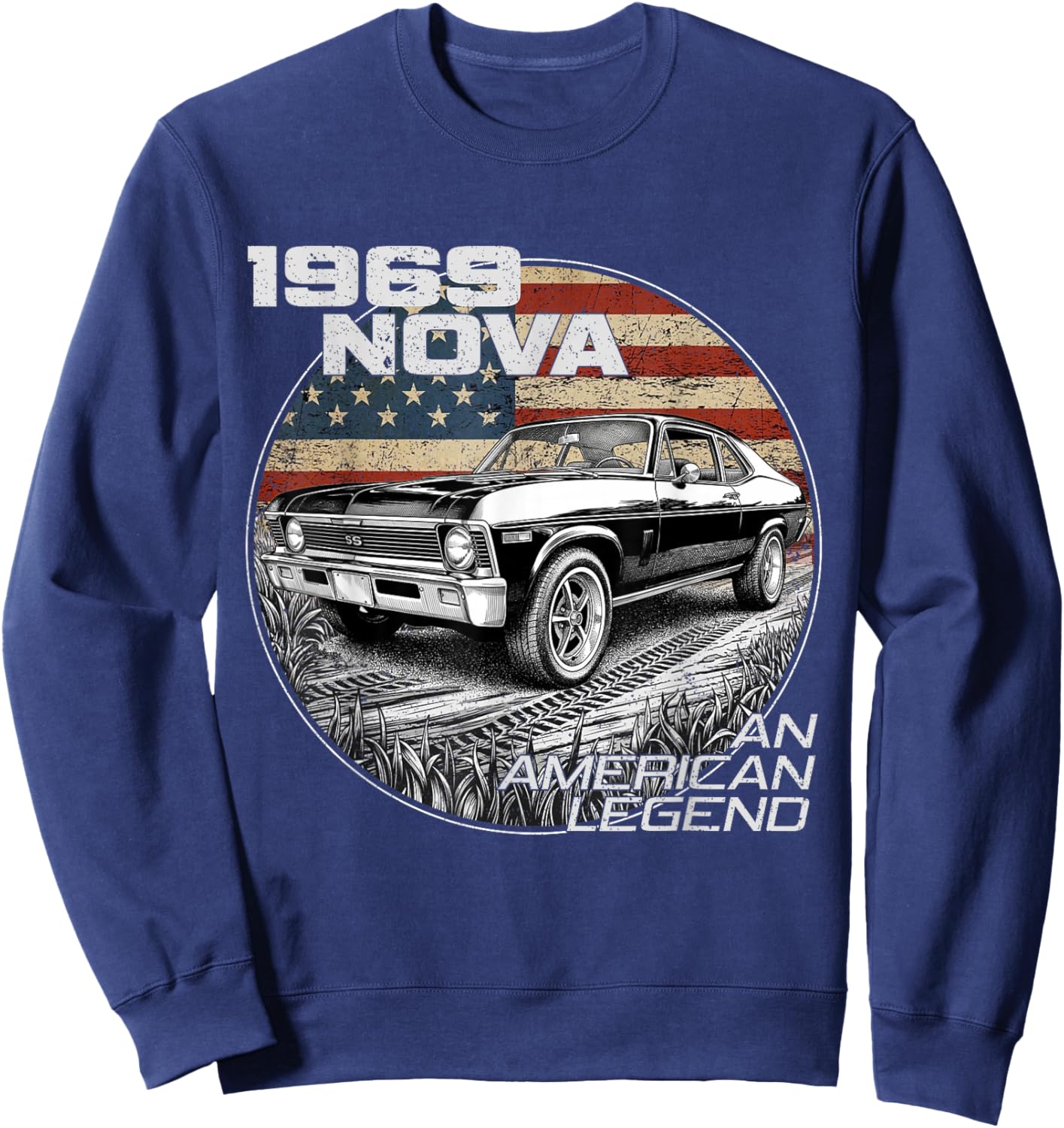 1969 69 Nova Silhouette Muscle Car American Flag Sweatshirt - Sweatshirt | Navy