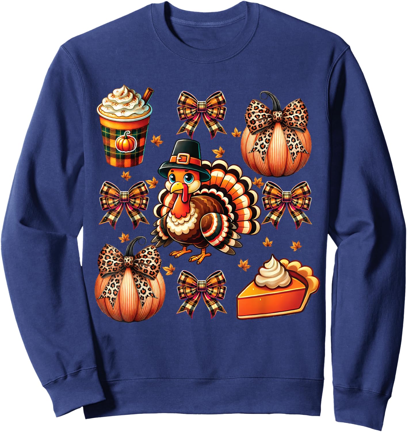 Turkey Drinking Coffee Bow Thanksgiving Turkey Day Sweatshirt - Sweatshirt | Navy