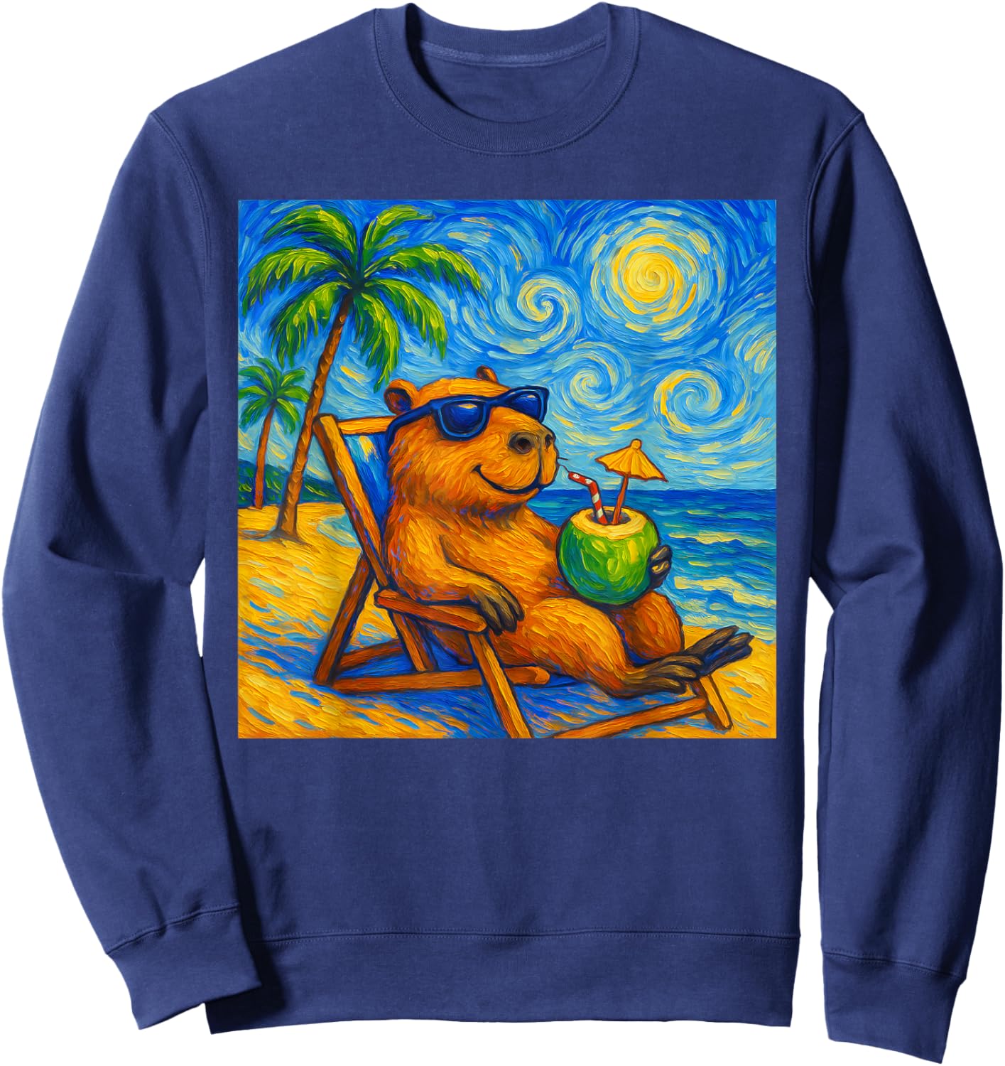Capybara Van Gogh Art Funny Beach Summer Family Vacation Sweatshirt - Sweatshirt | Navy