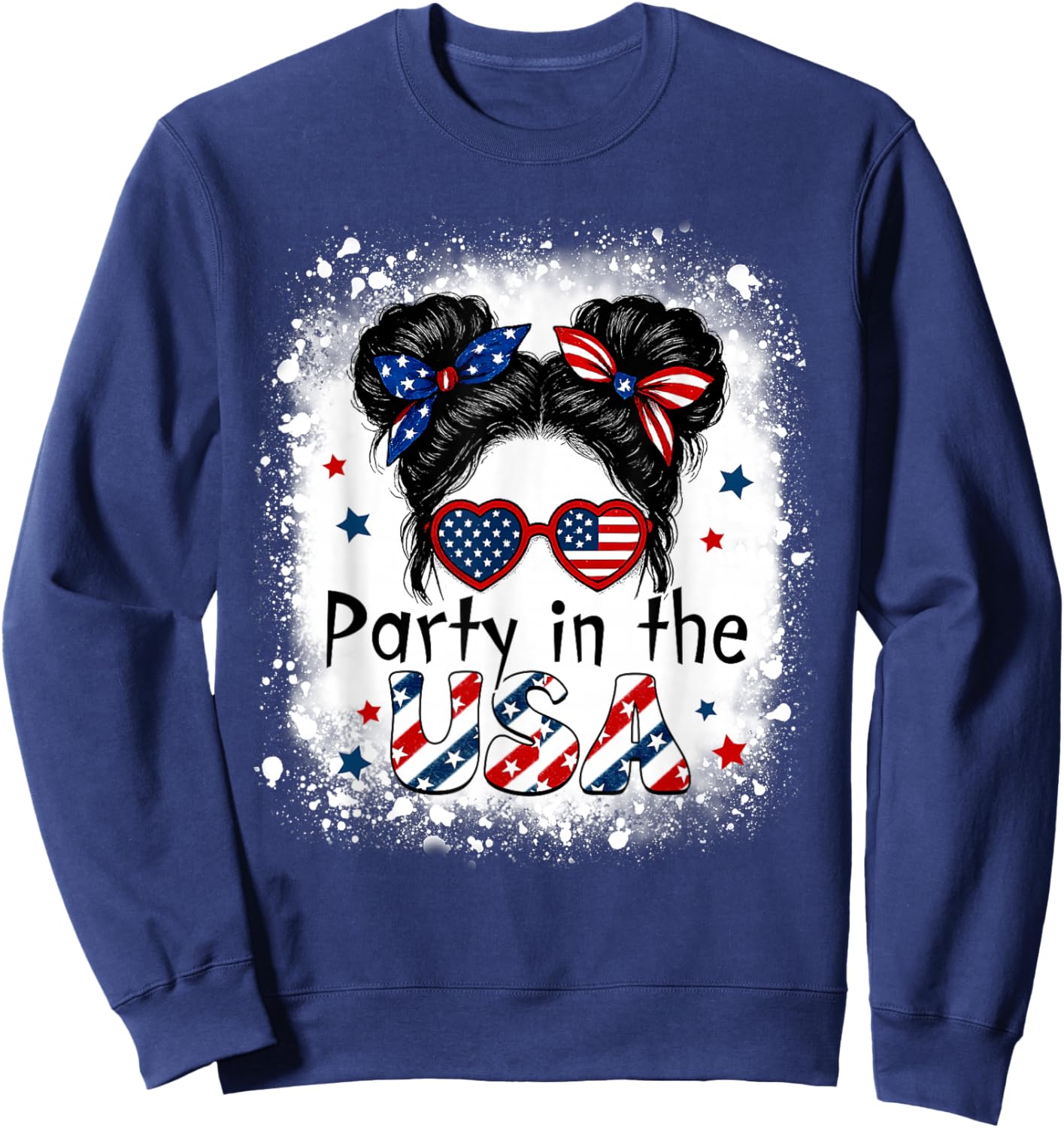 Party In USA Girls 4th of July Shirt Daughter Messy Bun USA Sweatshirt - Sweatshirt | Navy