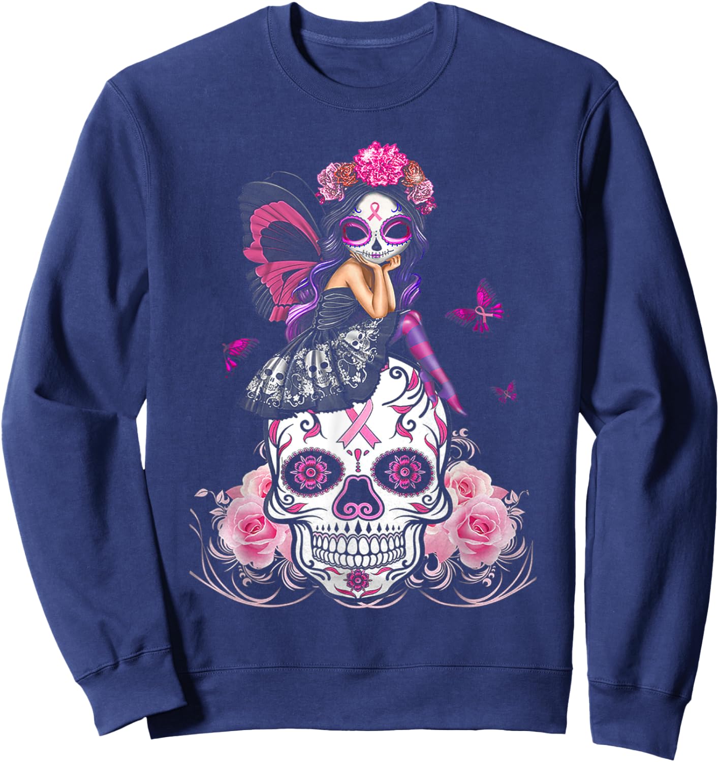 Fairy Sugar Skull Breast Cancer Butterfly Pink Ribbon Woman Sweatshirt - Sweatshirt | Navy